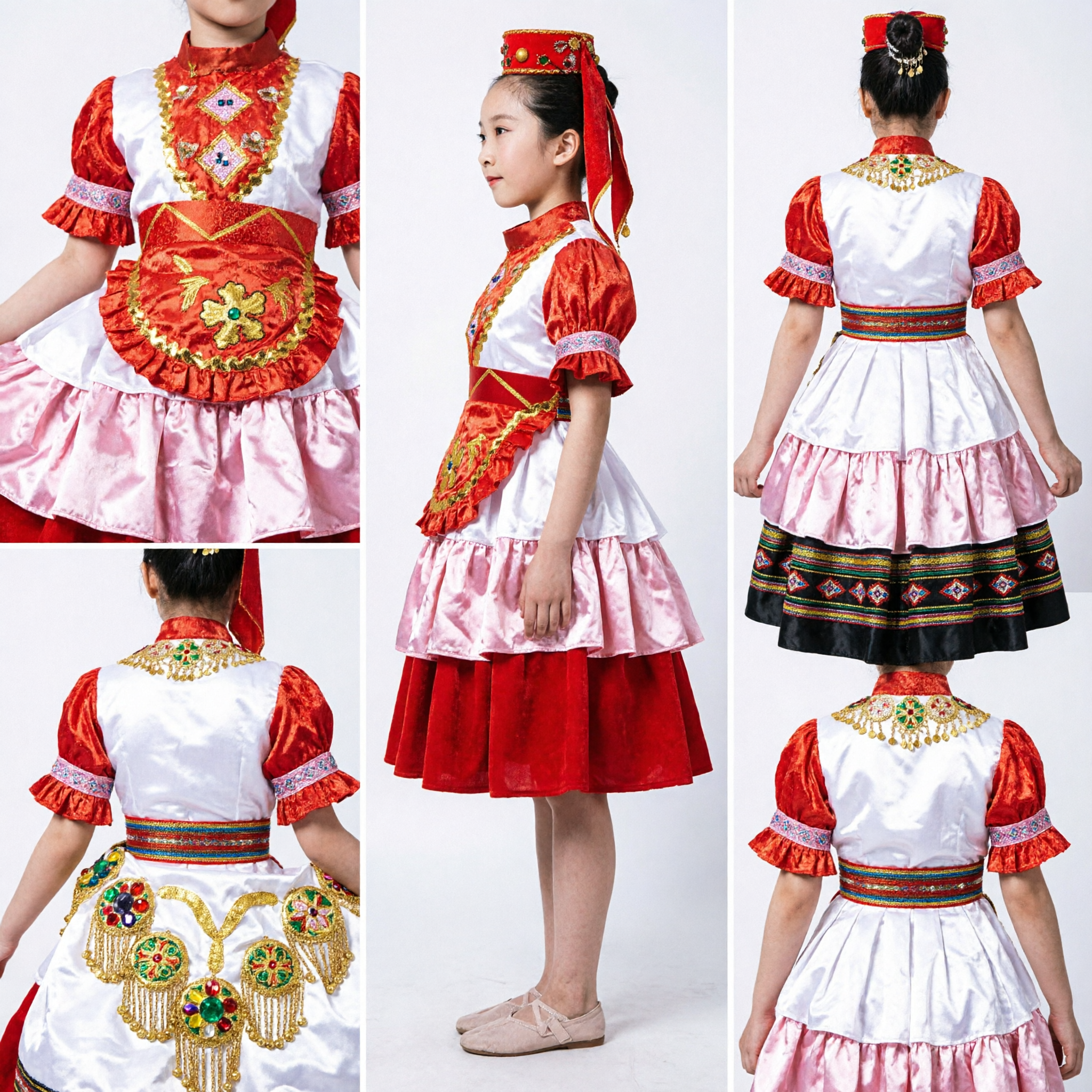 Women's Traditional Red and Pink Folk Dance Costume with Gold Embroidery and Full Skirt for Stage Performance