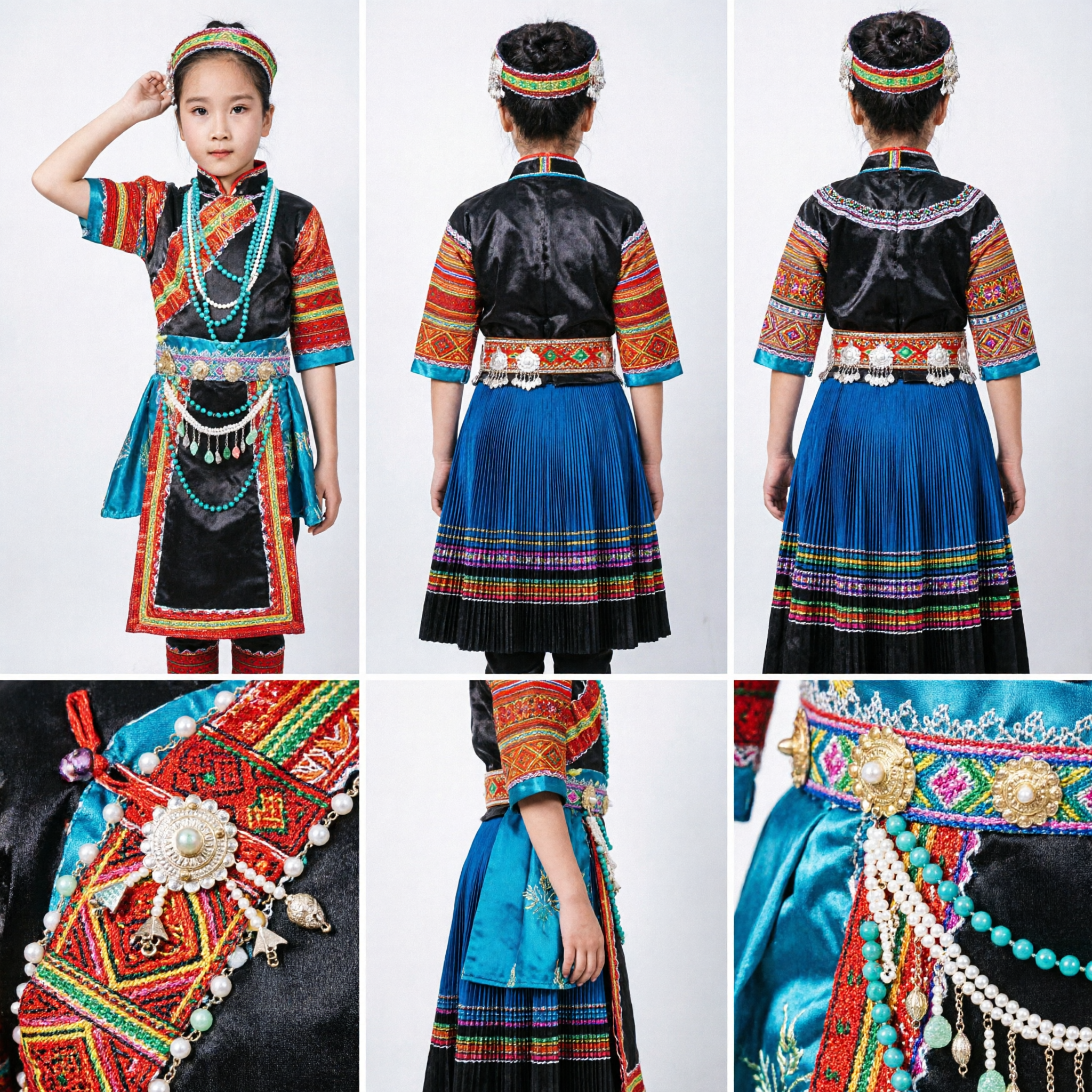 Girls Traditional Chinese Ethnic Minority Folk Dance Costume Colorful Stage Performance Cultural Outfit