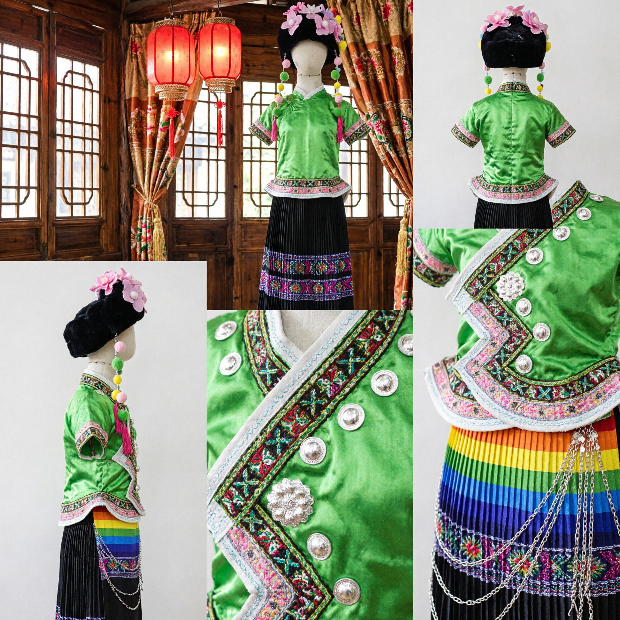 Traditional Chinese Miao Minority Green Dance Costume for Girls with Floral Headdress and Silver Jewelry