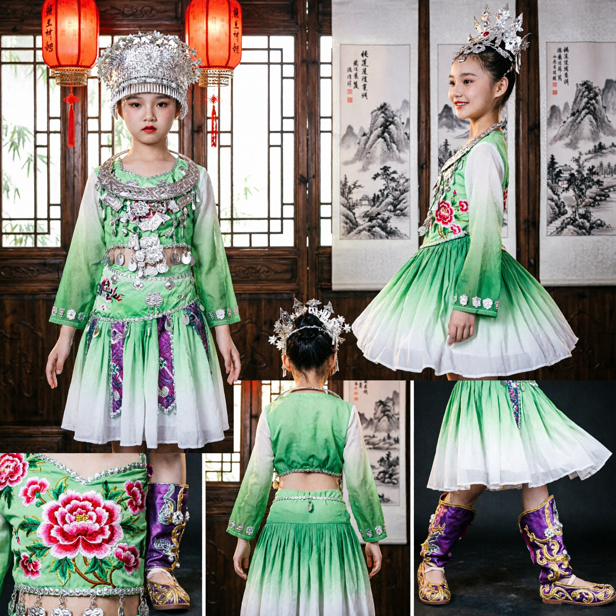 Girls Chinese Miao Ethnic Minority Dance Costume Traditional Green Dress with Silver Jewelry for Kids Stage Performance