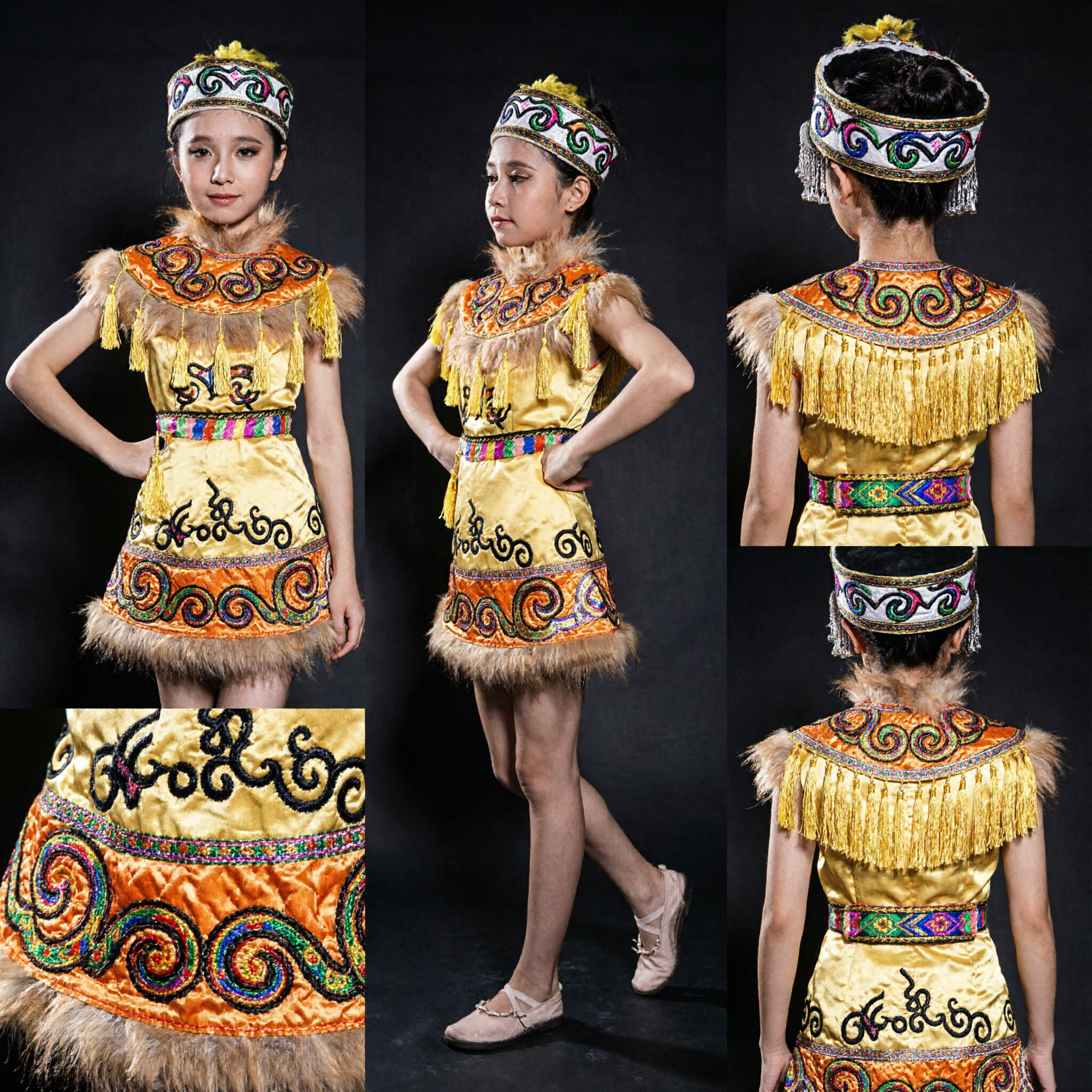 Yellow Chinese Folk Dance Costume for Girls Ethnic Minority Stage Performance Outfit with Headpiece