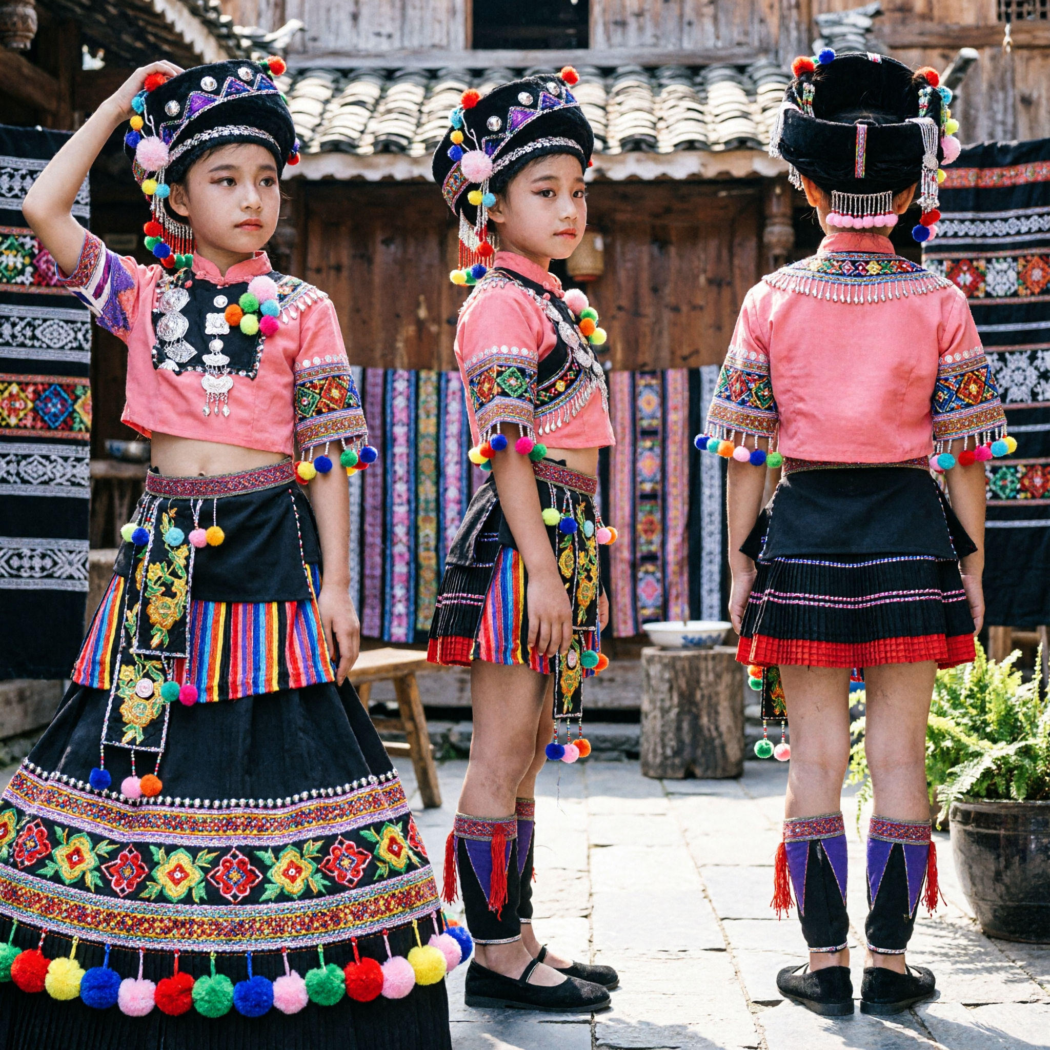 Girls Traditional Chinese Ethnic Folk Dance Costume Kids Minority Stage Performance Dress Set