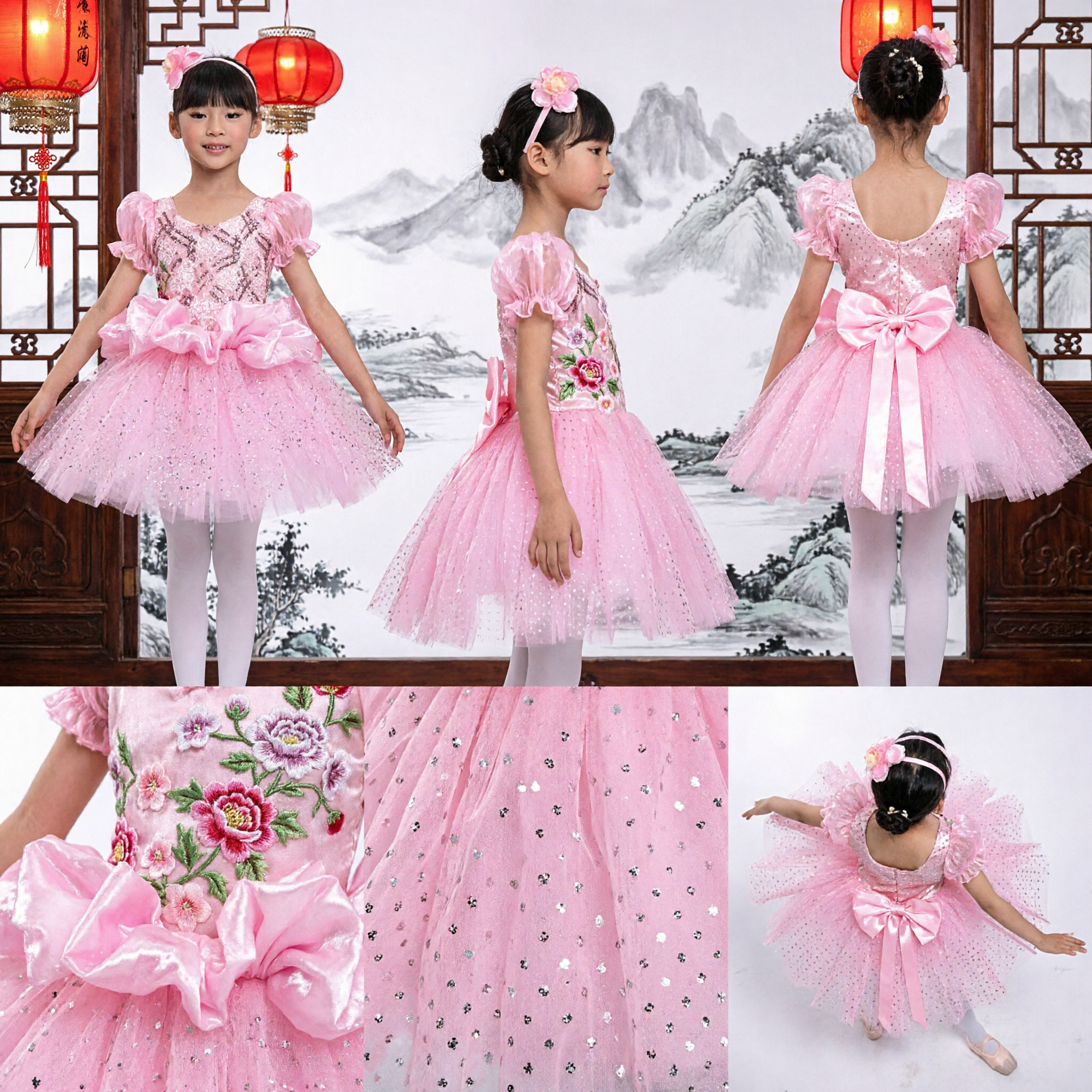 Girls Pink Sparkle Ballet Tutu Dress Kids Dance Costume with Puffy Sleeves for Stage Performance