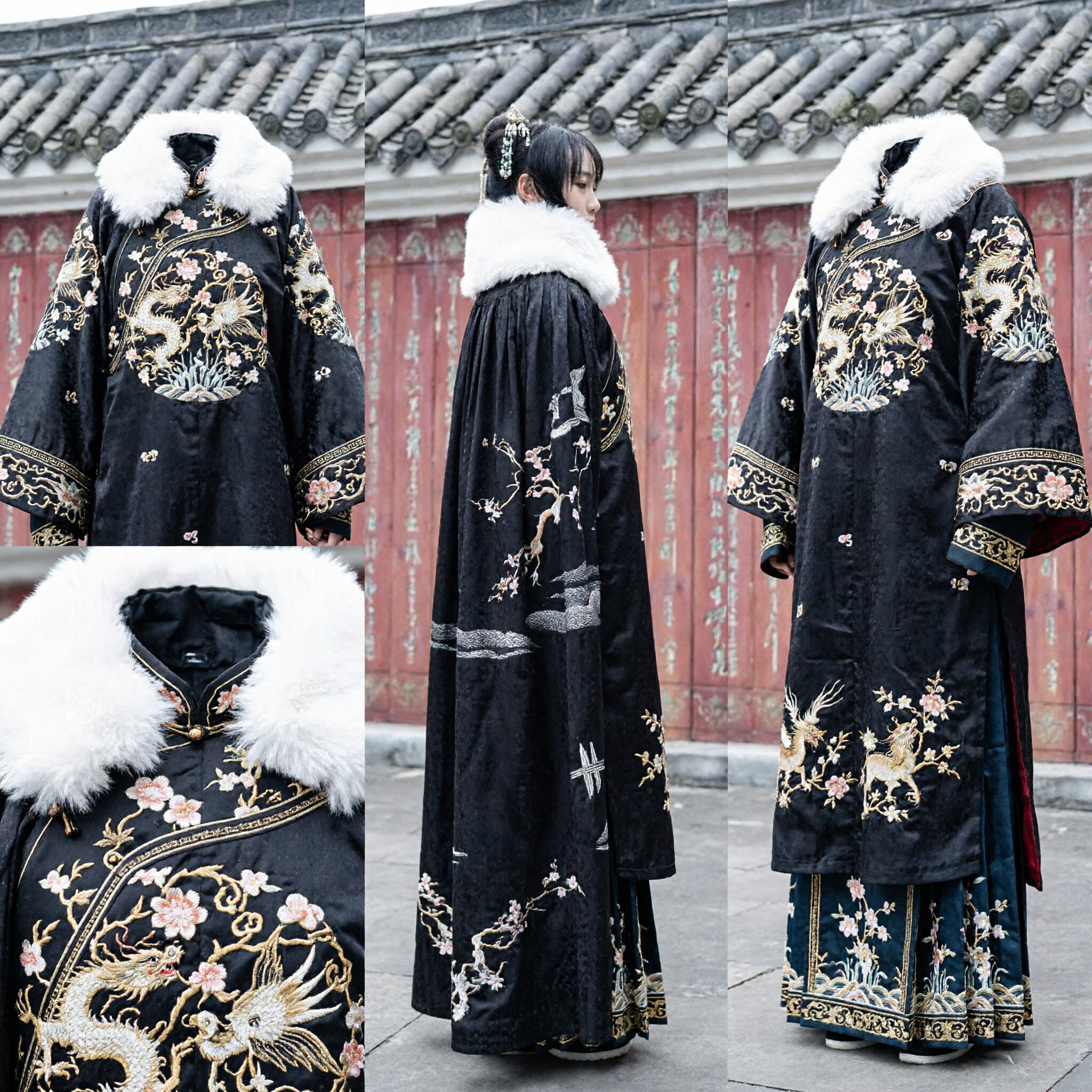 Traditional Chinese Hanfu Winter Cloak Black Cape with White Fur Collar and Ink Plum Blossom Design for Adults