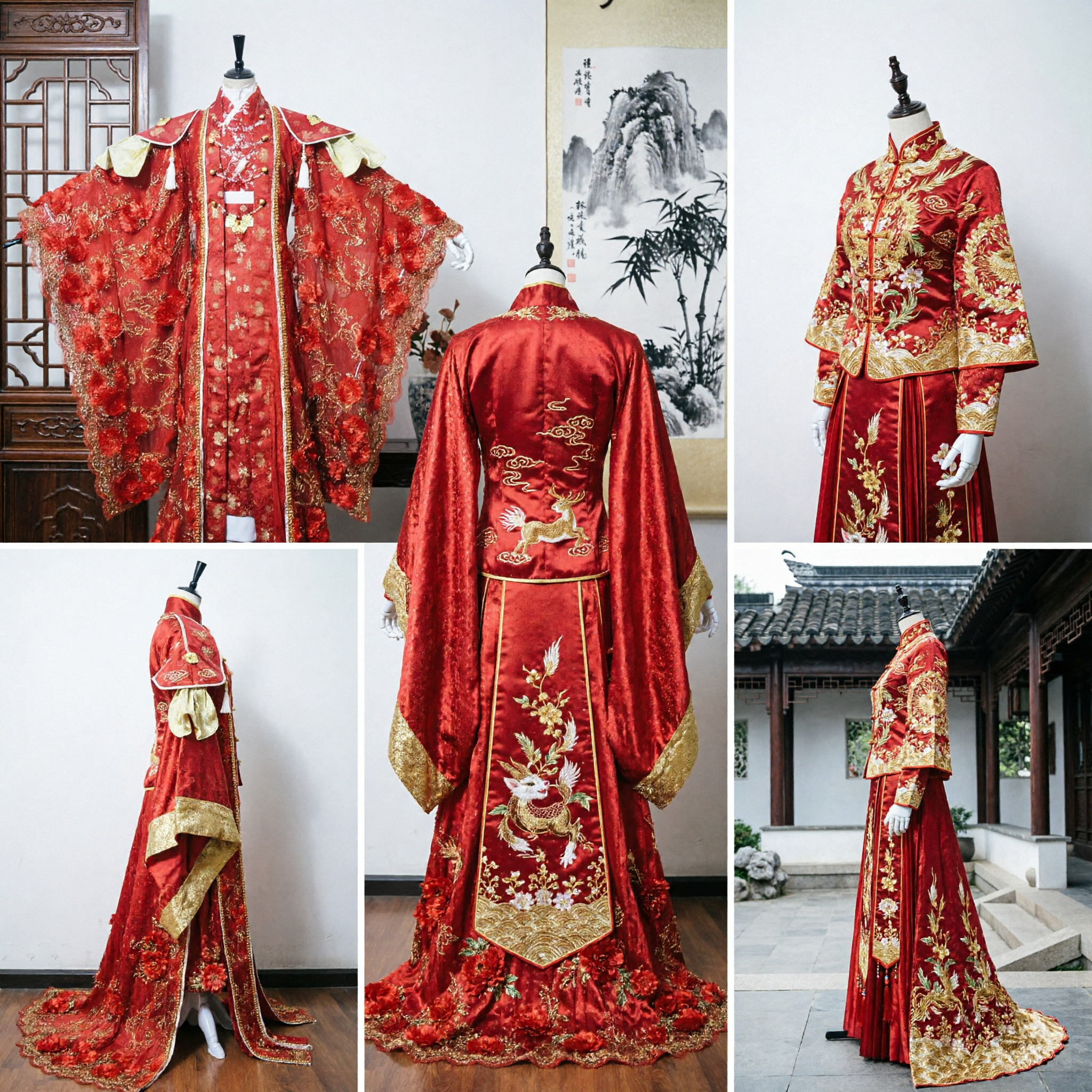 Traditional Chinese Ancient Wedding Dress Red Gold Embroidery Phoenix Robe Hanfu Costume for Women