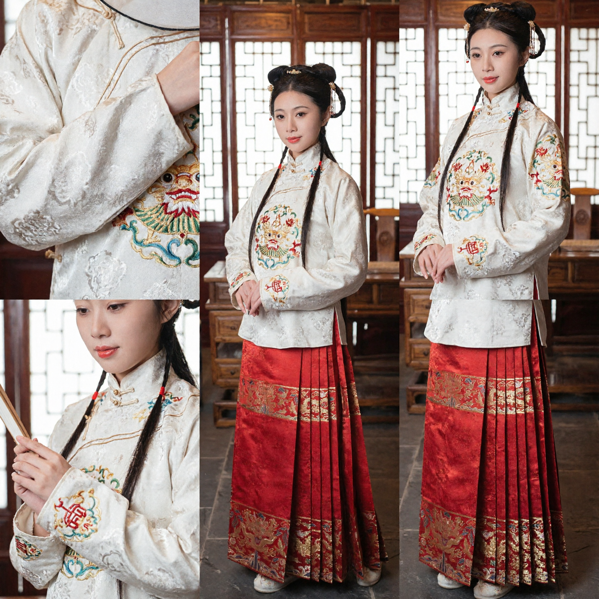 Traditional Chinese Ming Dynasty Hanfu Costume for Women White Jacket Red Embroidered Mamianqun Skirt Set