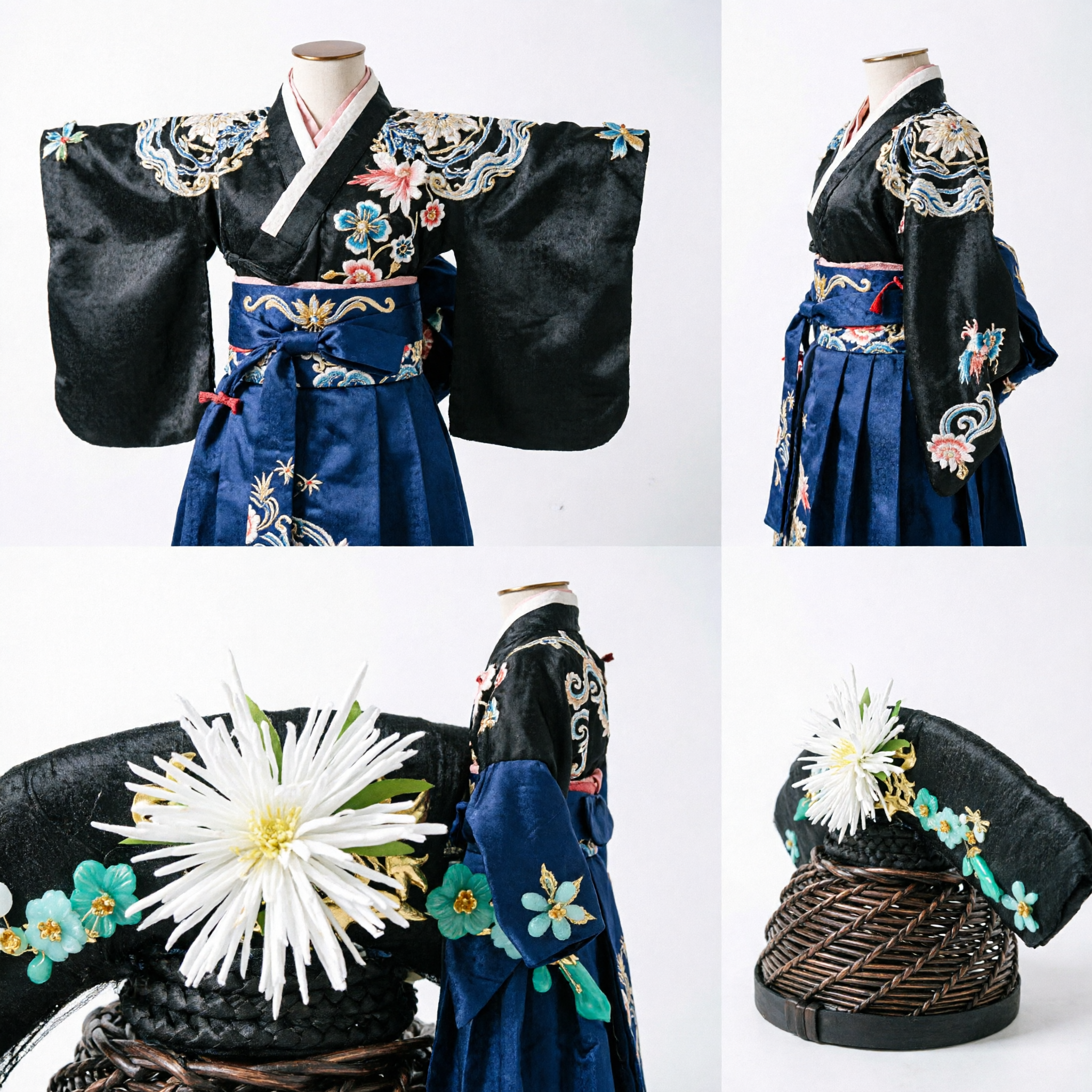 Traditional Chinese Ancient Black Winged Headdress with White Flower and Jade Ornaments for Hanfu Costume Cosplay