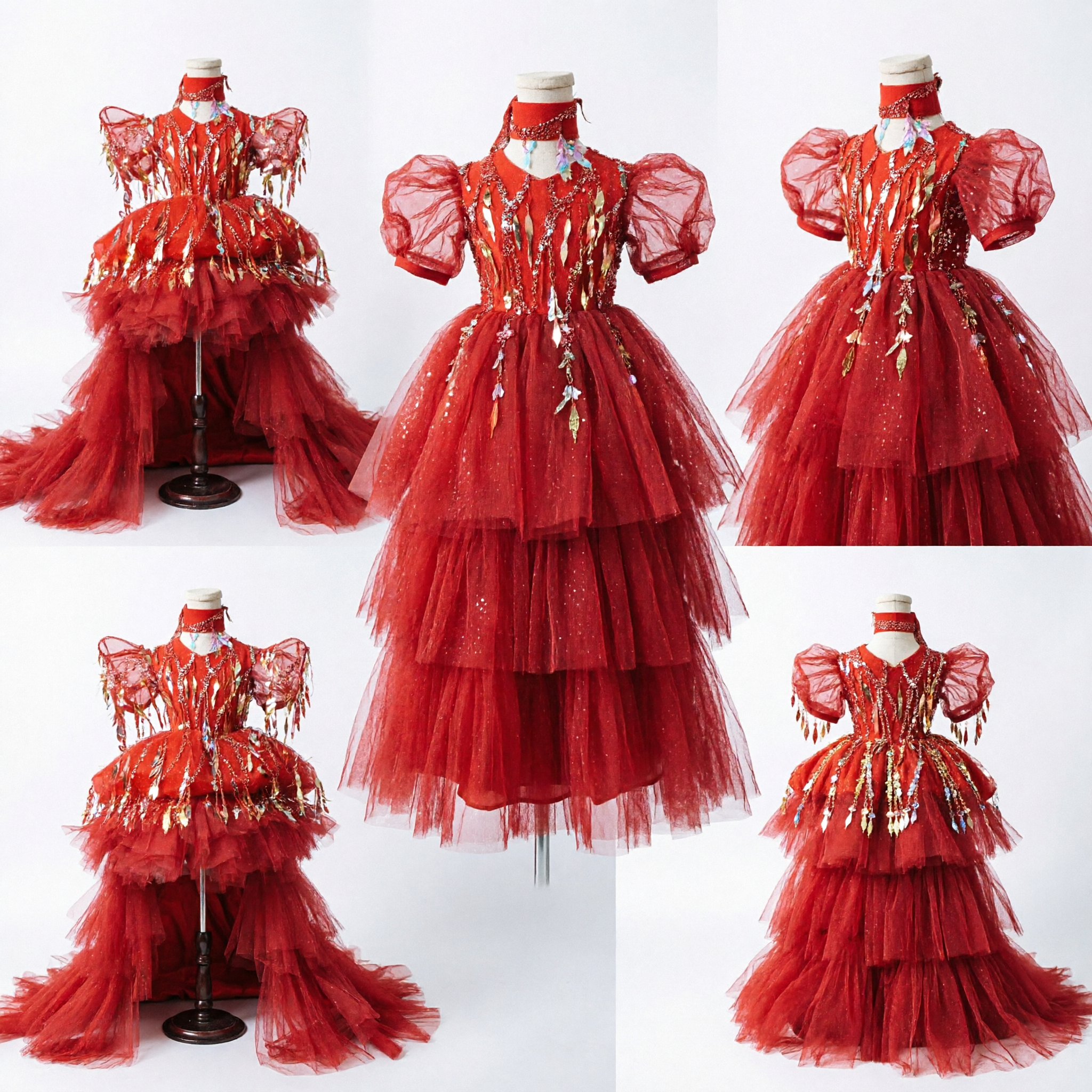 Vibrant Red Girls Traditional Dance Costume with Sequins and Tulle for Stage Performance