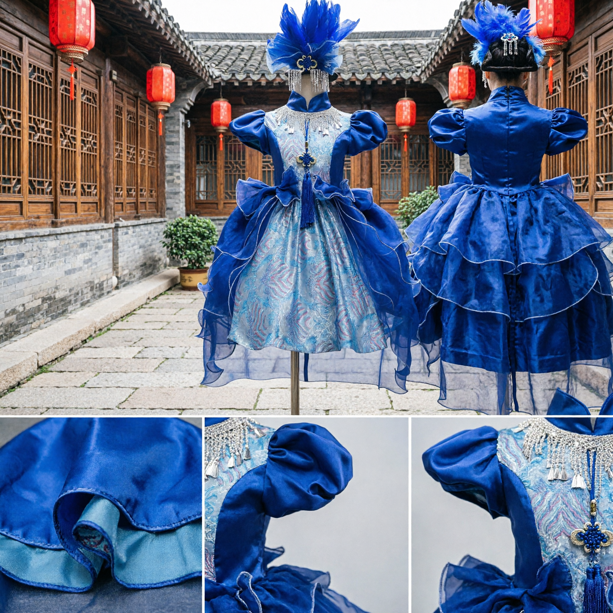 Royal Blue Traditional Chinese Stage Performance Dress with Feather Headpiece for Women Dance and Singing Shows