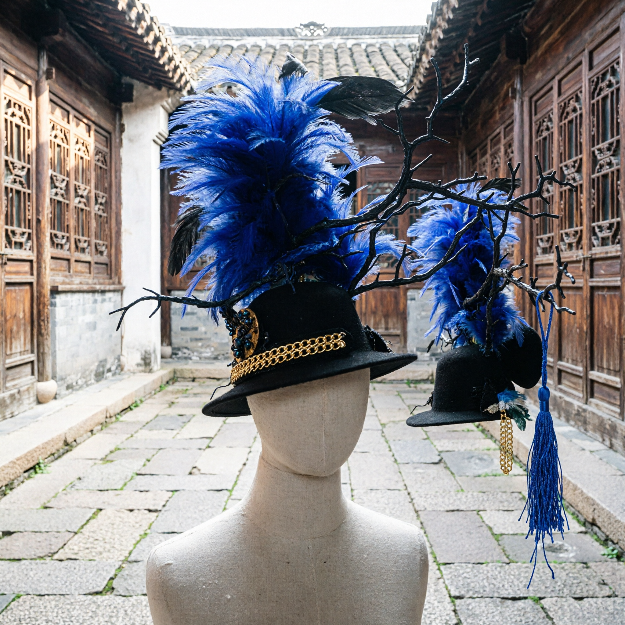 Elaborate Blue Feather and Black Branch Headpiece with Tassel for Theatrical Stage Performance and Carnival Costume