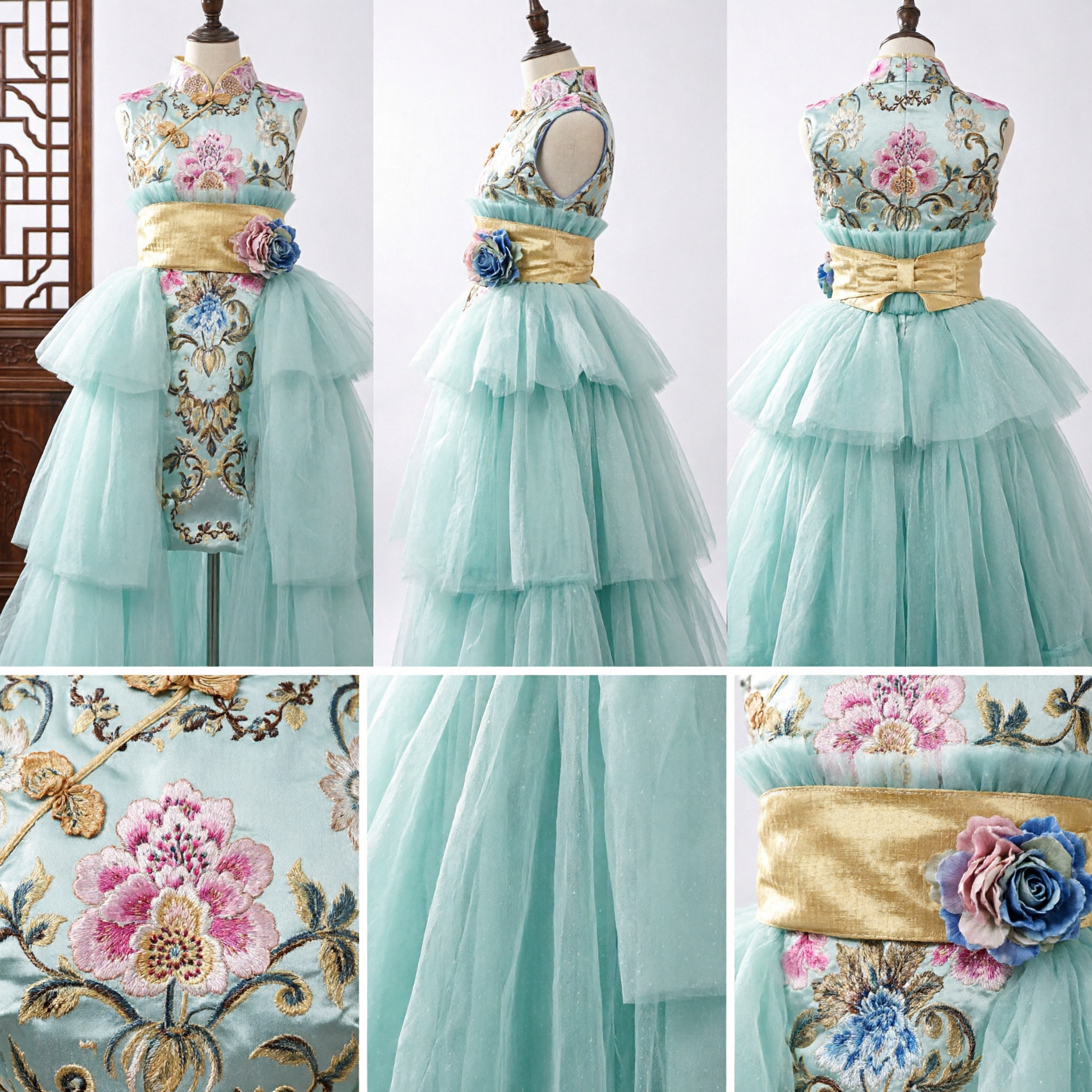 Traditional Chinese Xiuhe Wedding Dress Modern Qipao with Floral Embroidery and Tulle Skirt for Bride