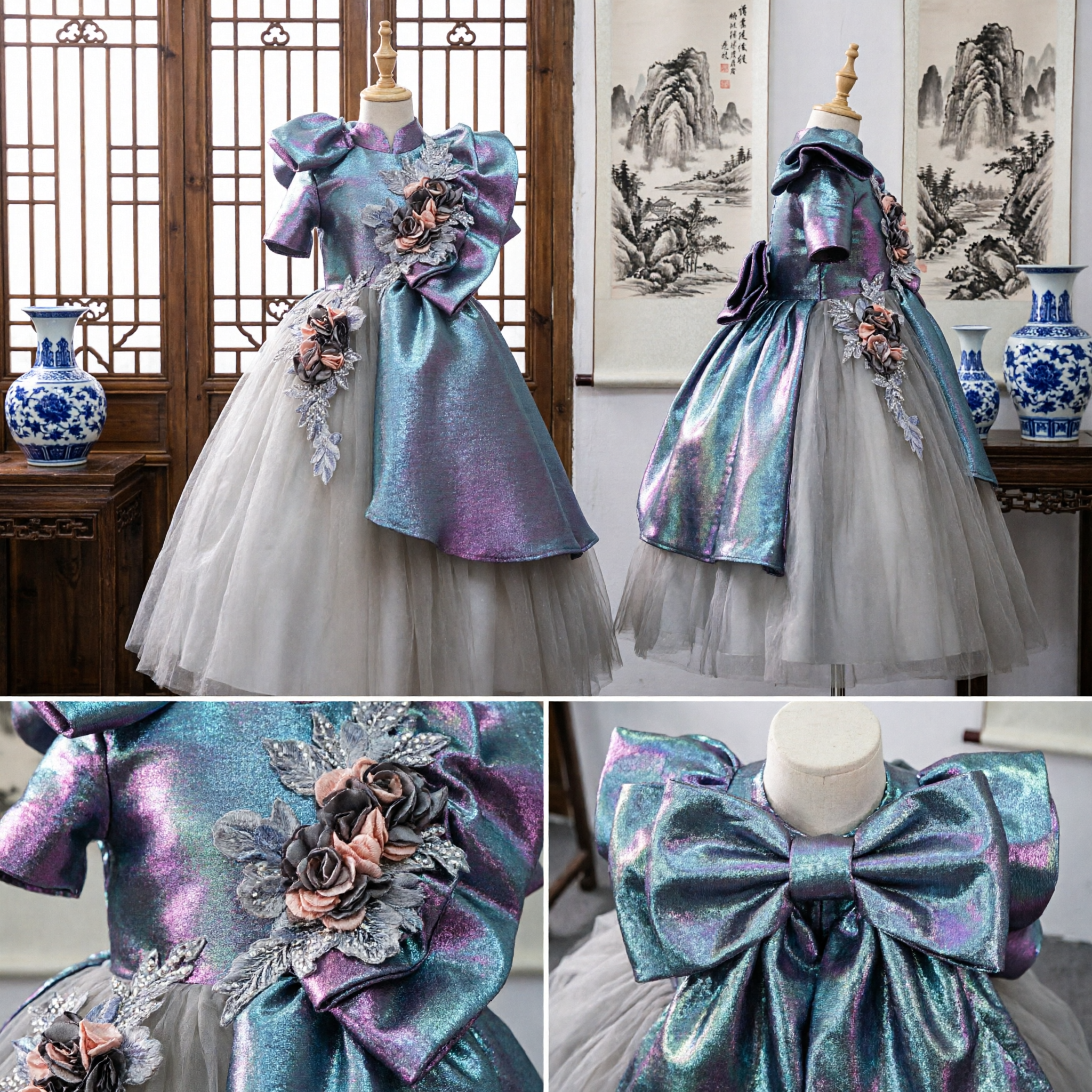 Girls Traditional Chinese Qipao Formal Dress Elegant Wedding Party Gown with Sequin Floral Applique and Tulle Skirt