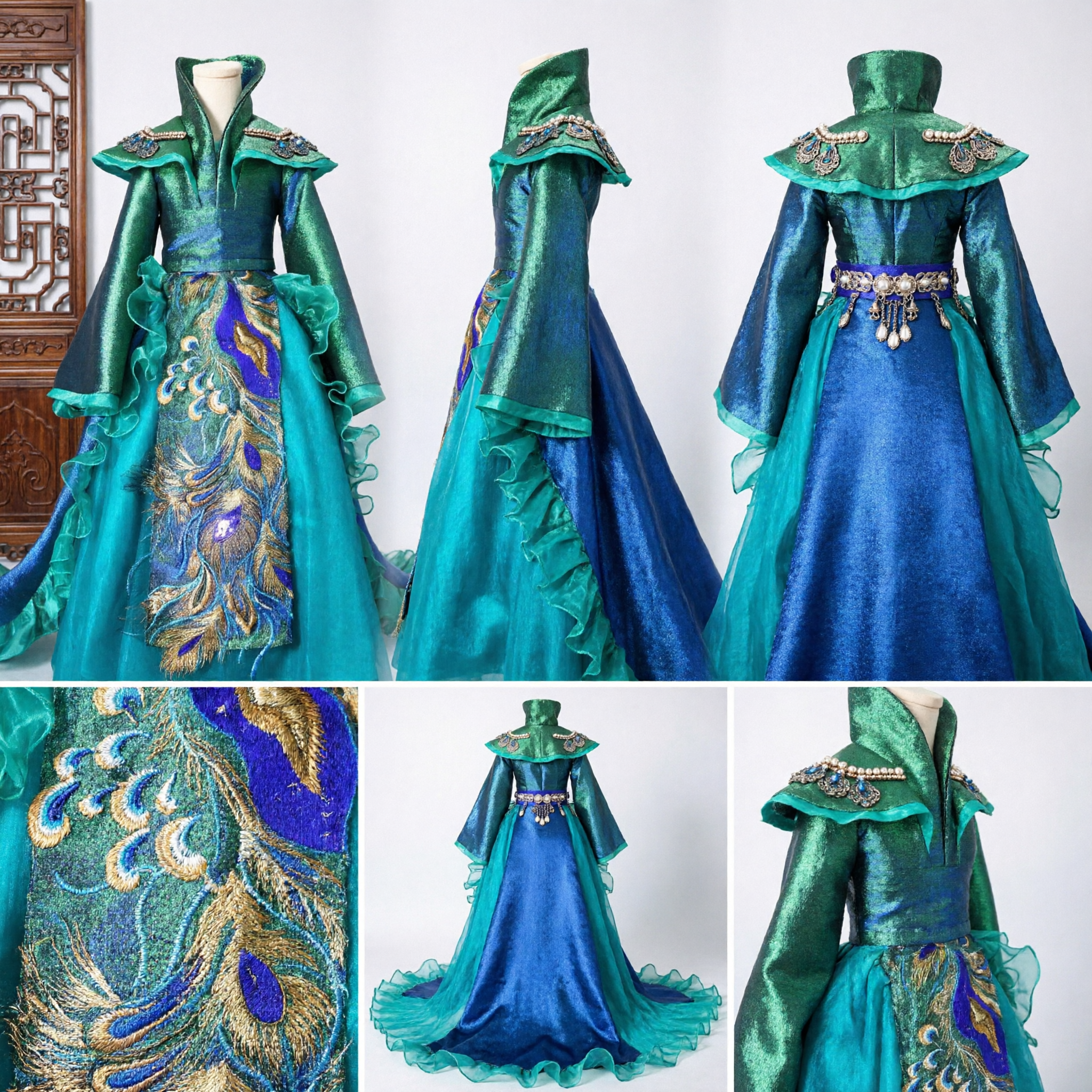 Girls Green Peacock Princess Costume Traditional Chinese Embroidered Dress for Kids Stage Dance Performance