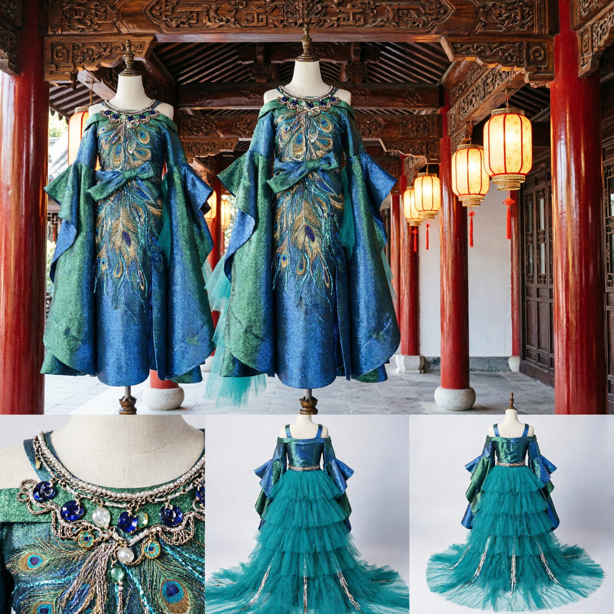 Traditional Chinese Peacock Dance Costume for Women Stage Performance Blue Green Feather Dress with Headpiece