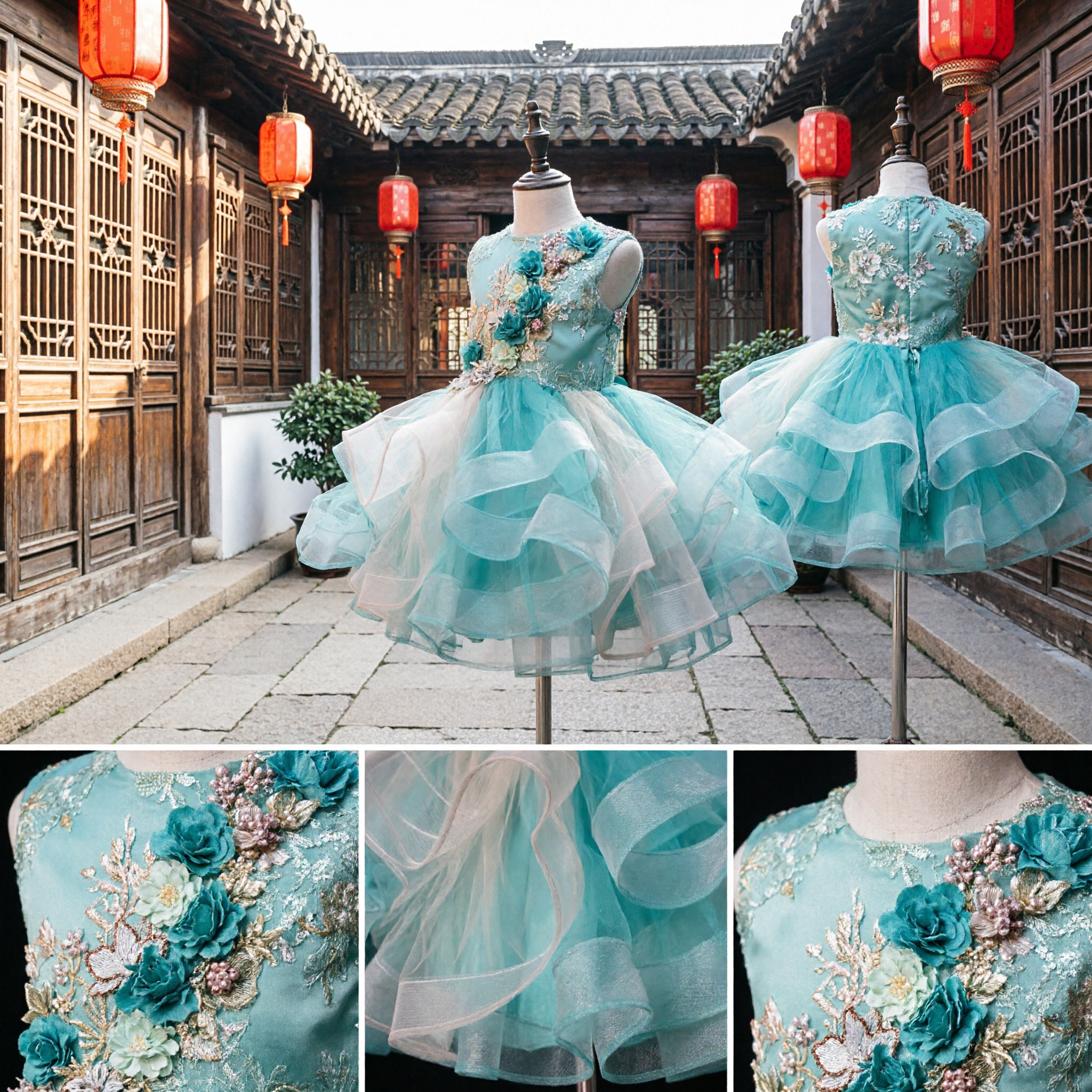 Teal Flower Girl Dress with 3D Floral Applique and Ruffled Tulle Tutu Skirt for Pageant Party