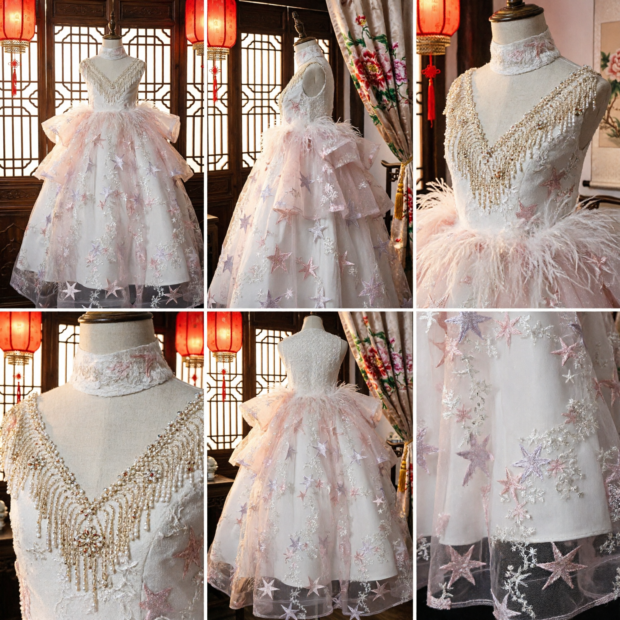 White Pink Star Embroidery Tulle Ballgown Princess Dress for Girls Flower Girl Pageant Performance Costume