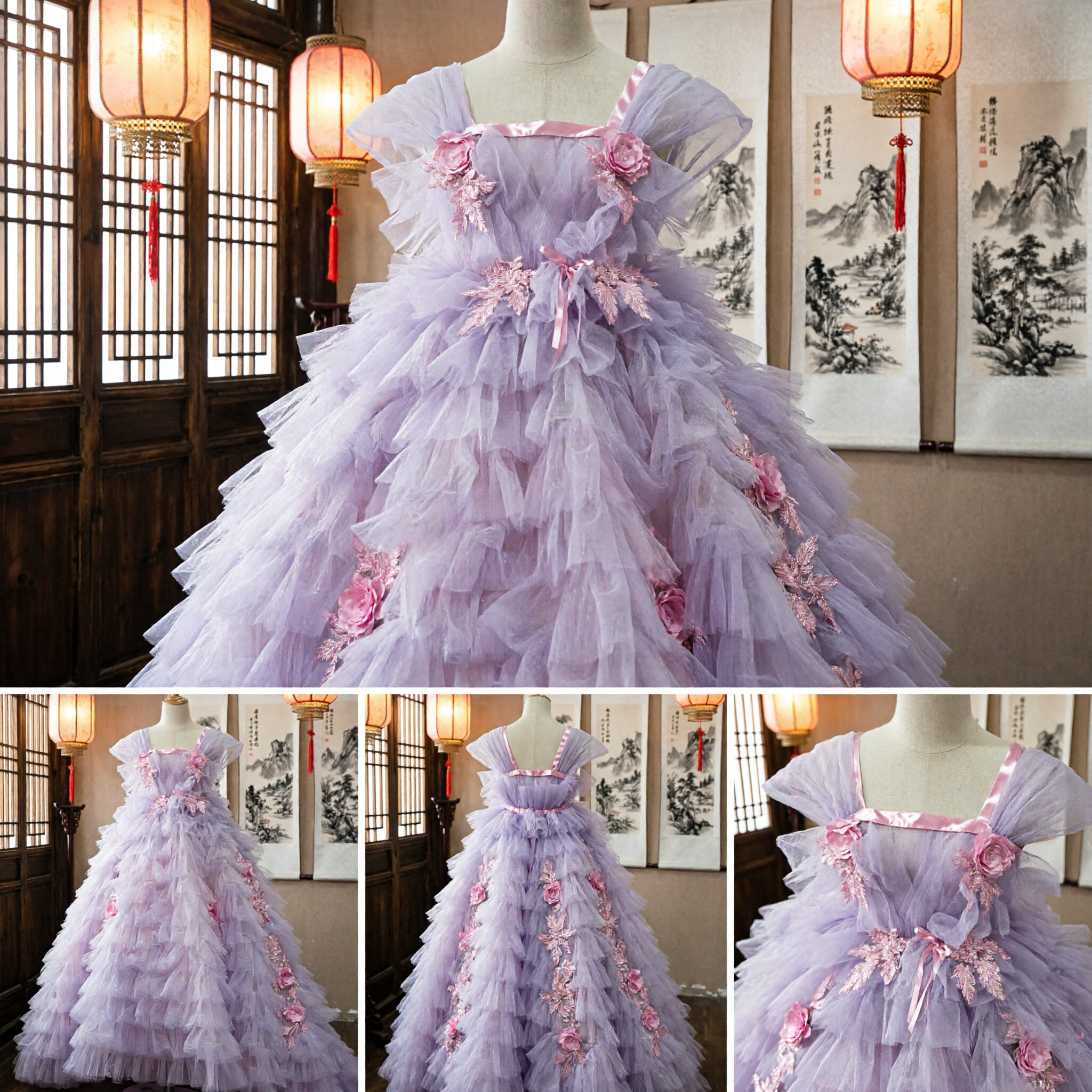 Purple Fantasy Princess Ball Gown with Ruffles and Pink Flowers for Girls Costume Party
