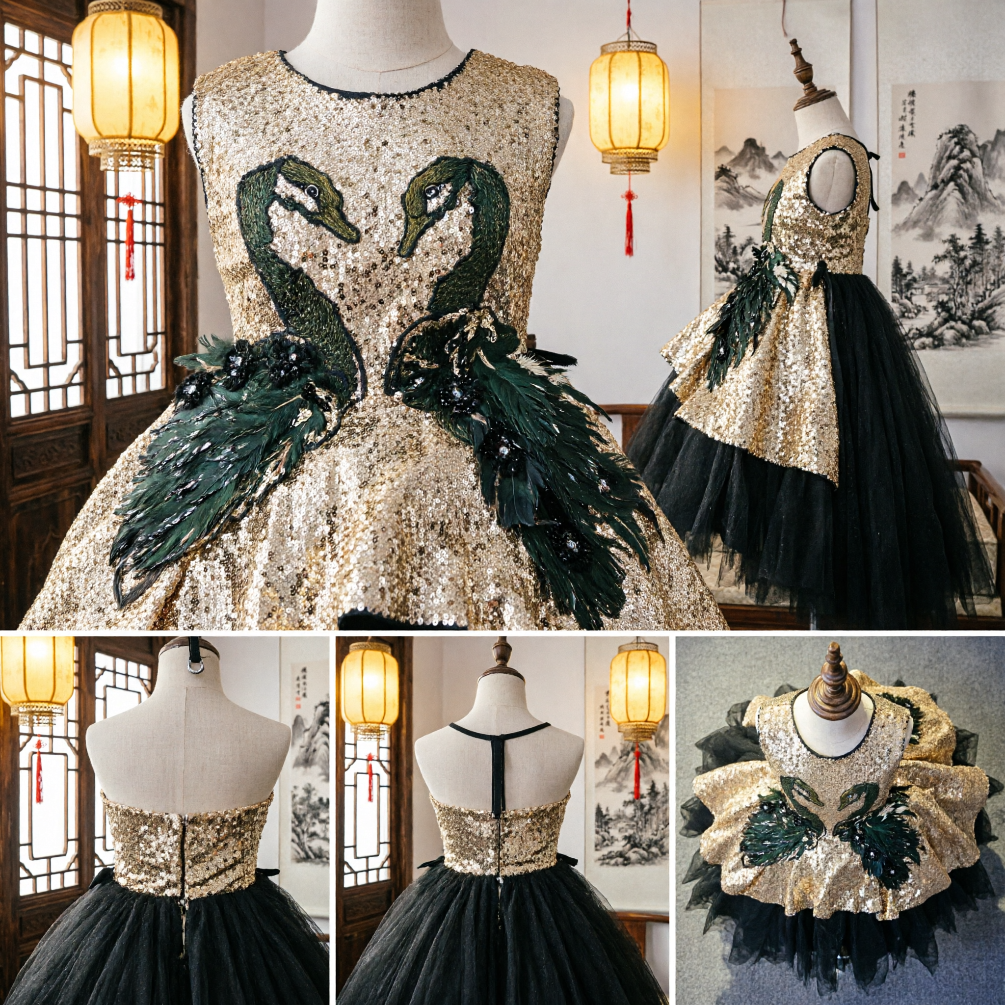 Kids Girls Swan Lake Ballet Dance Costume Gold Sequin Bodice Black Tulle Ball Gown Dress