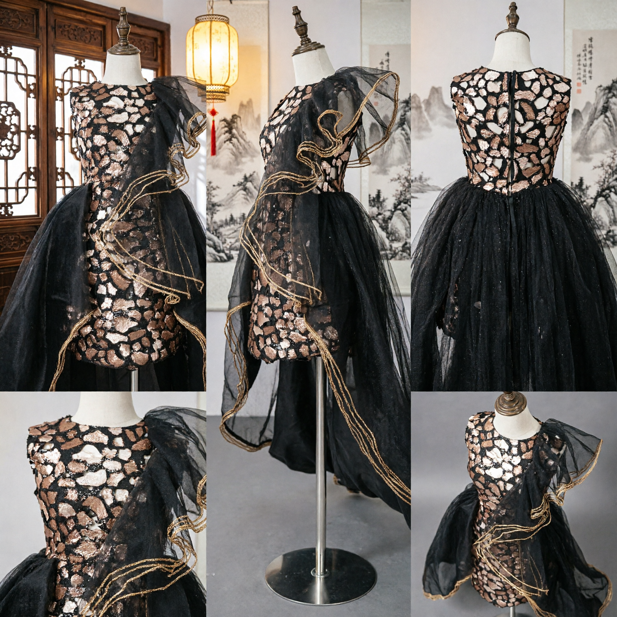 Luxury Black Sequin Bodice Gown with Gold Piping and Dramatic Tulle Skirt Stage Performance Costume