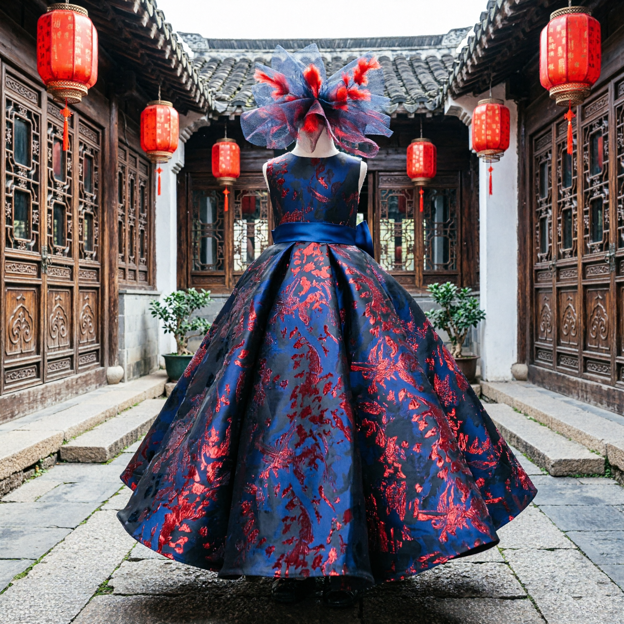 Kids Girls Navy Blue Red Jacquard Ball Gown Formal Flower Girl Pageant Wedding Party Dress