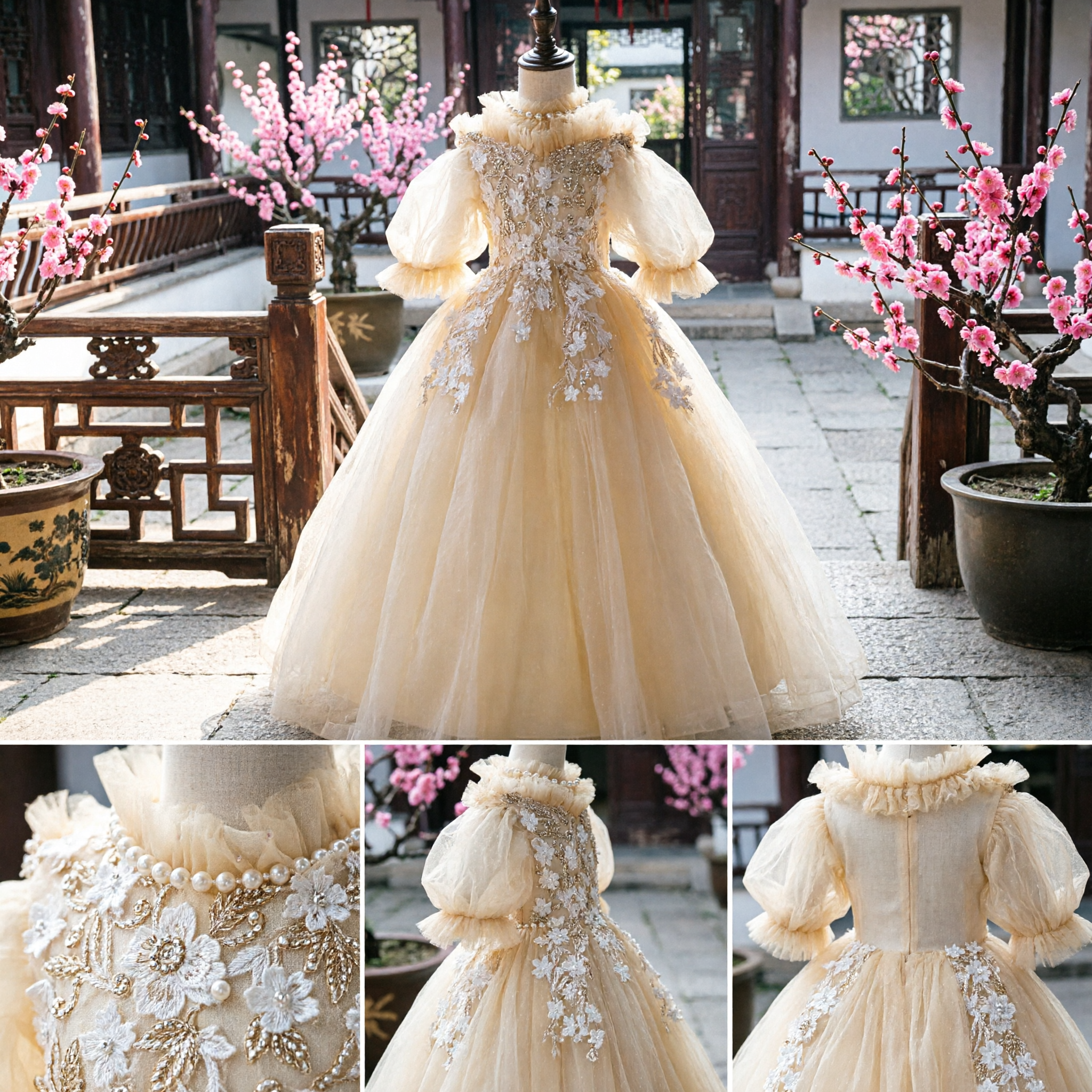 Kids Yellow Princess Ballgown Costume with Floral Embroidery Puffy Sleeves and Tulle Skirt for Birthday Parties