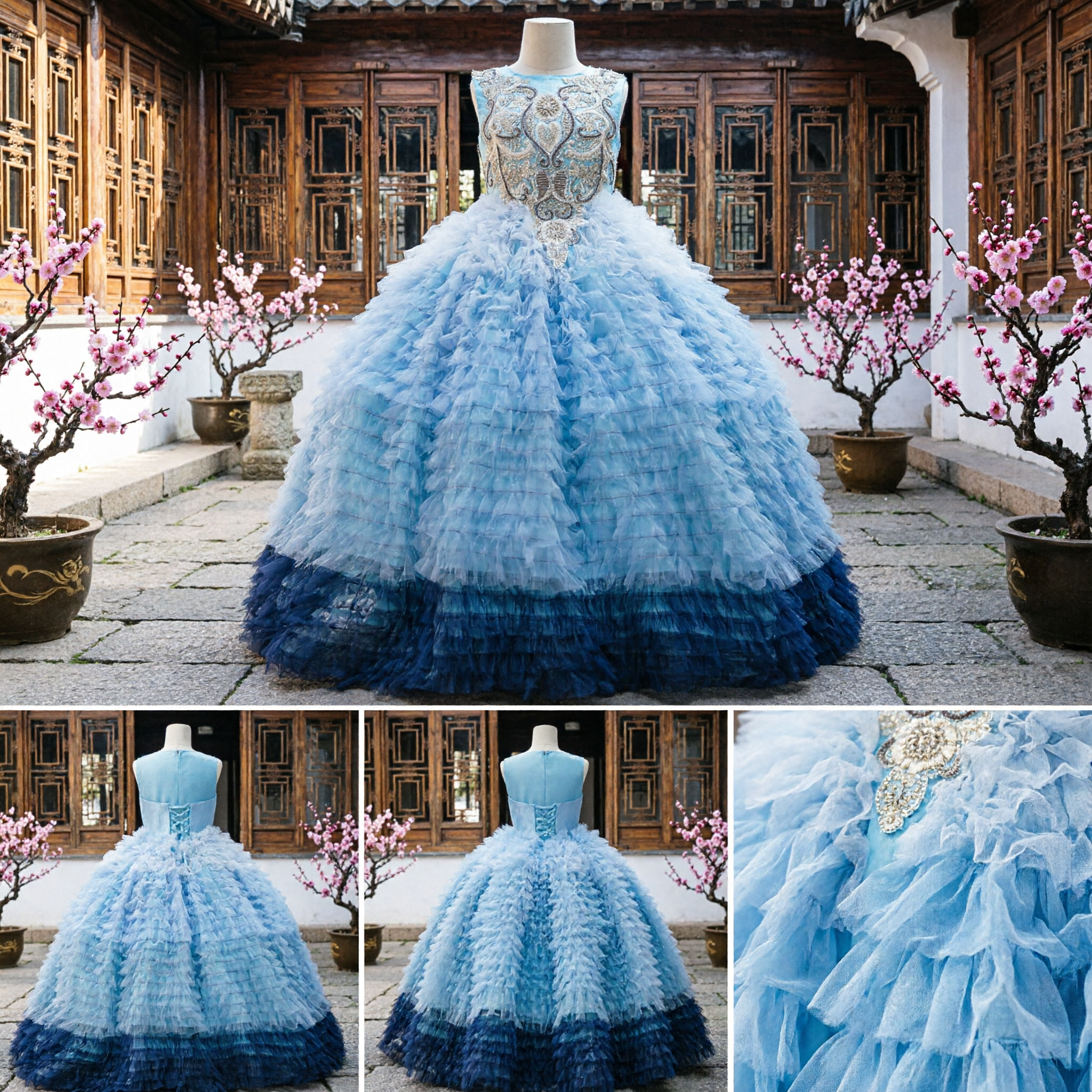 Girls Blue Ombre Ruffle Ballgown Flower Girl Pageant Dress Embroidered Bodice Tulle Skirt Formal Gown