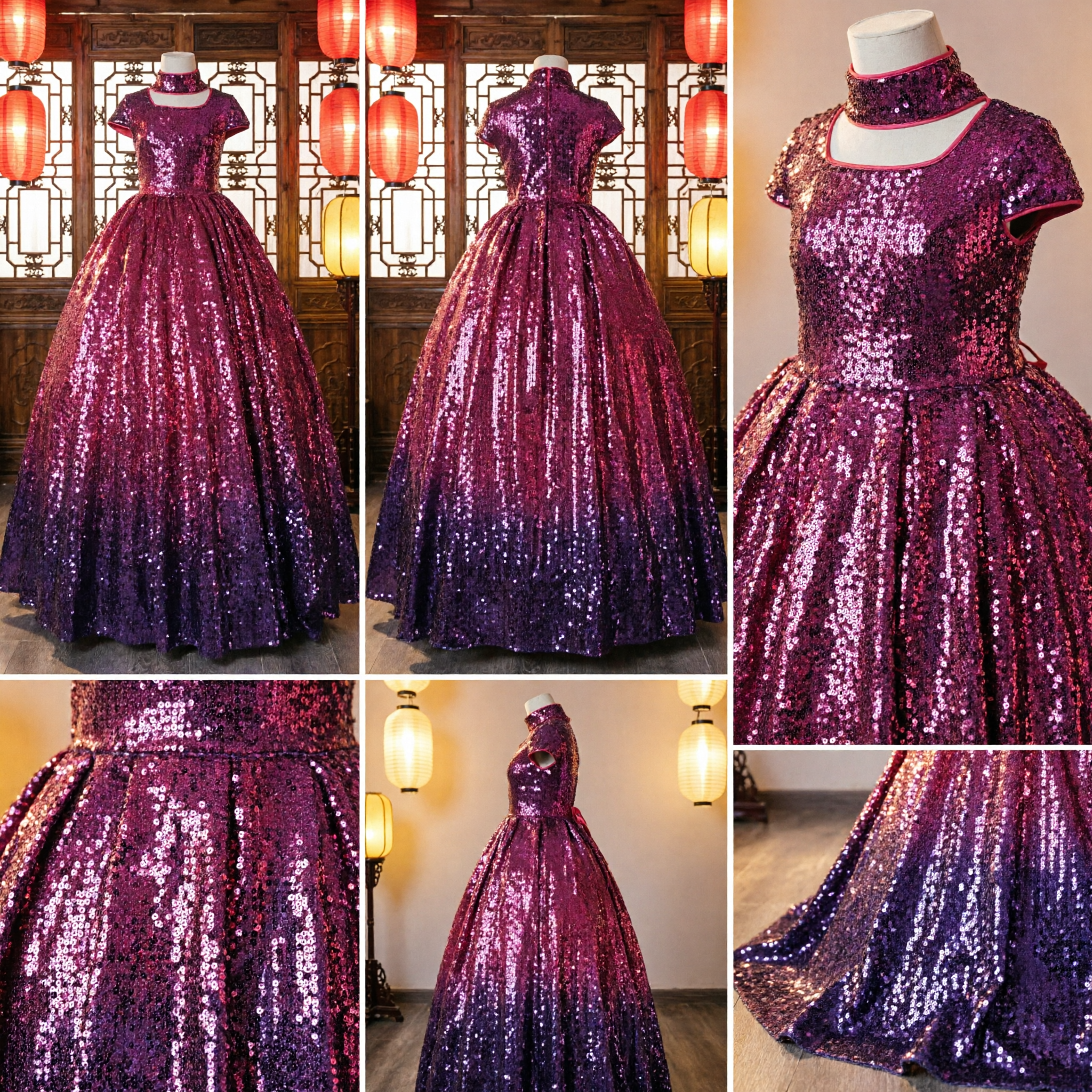 Girls Purple Pink Ombre Sequin Ball Gown High Neck Short Sleeve Formal Dress for Pageant Wedding