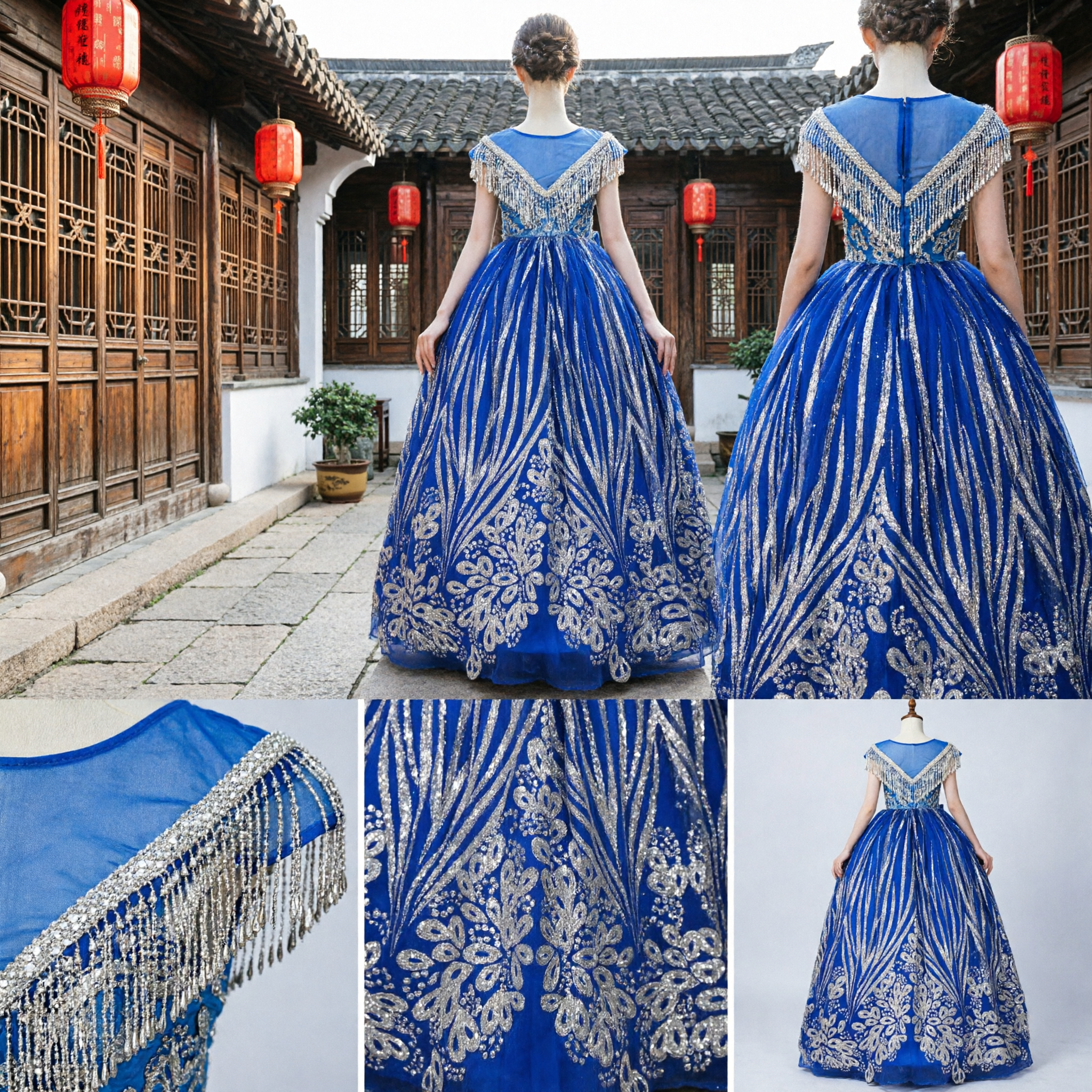 Royal Blue Ballgown Evening Dress with Silver Sequin Fringe and Floral Embroidery for Pageants and Formal Events