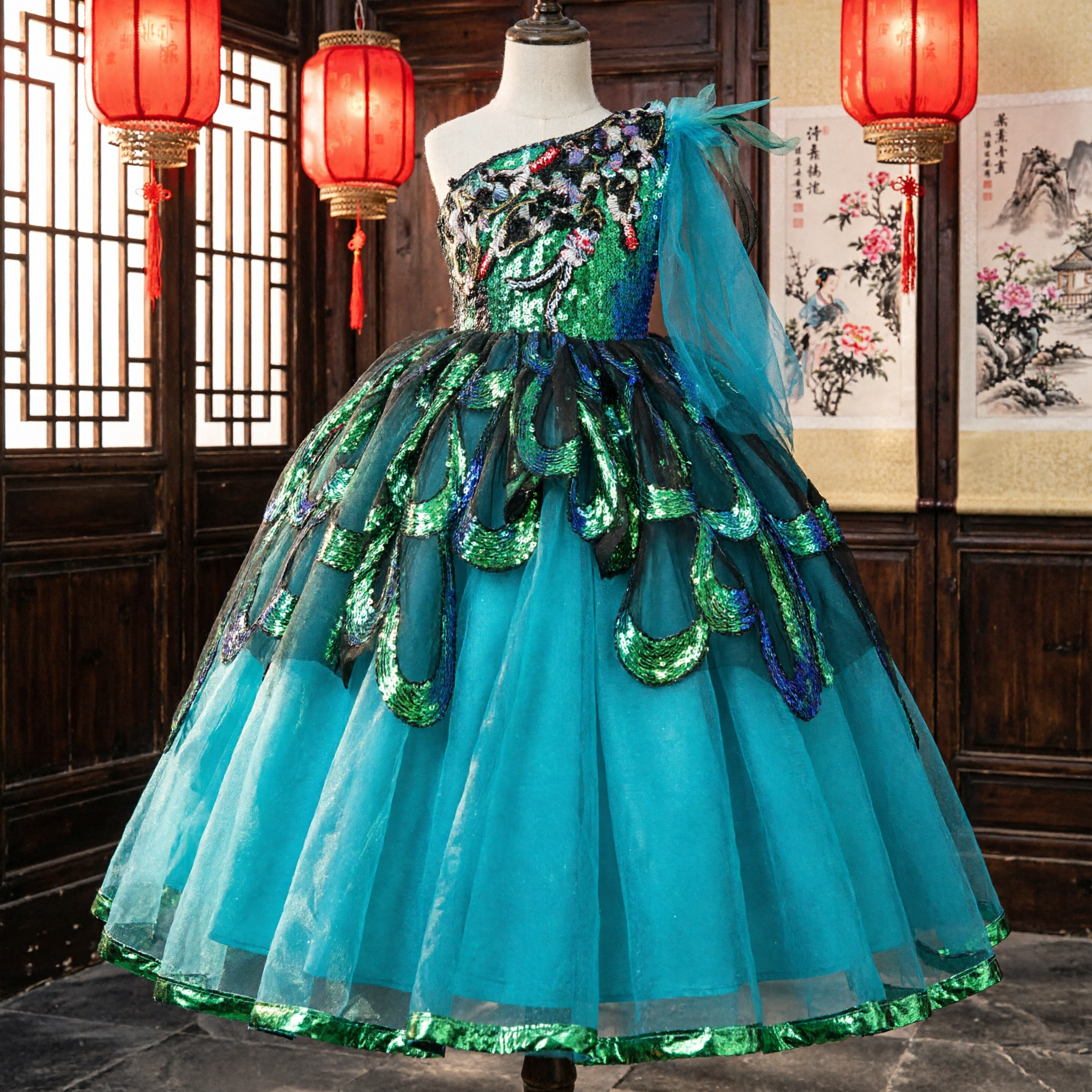 Teal Peacock Feather Sequin One-Shoulder Ball Gown Stage Performance Dance Costume for Women