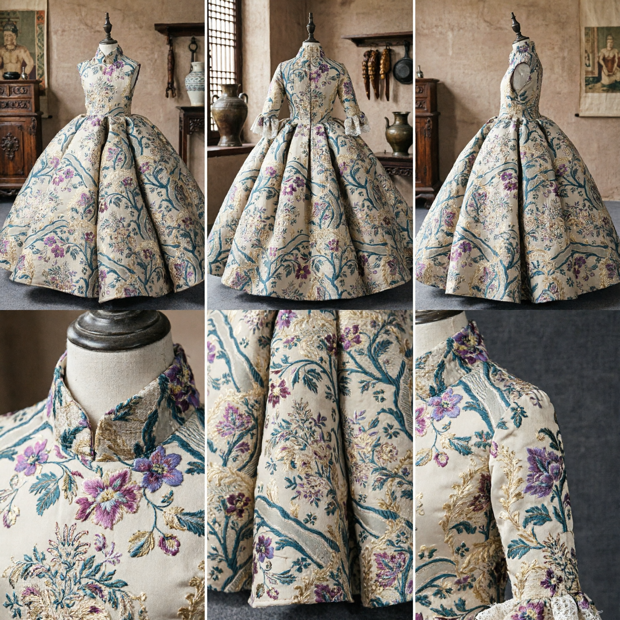 Women's Rococo Marie Antoinette Court Dress Floral Brocade Ball Gown for Cosplay Historical Costume Party