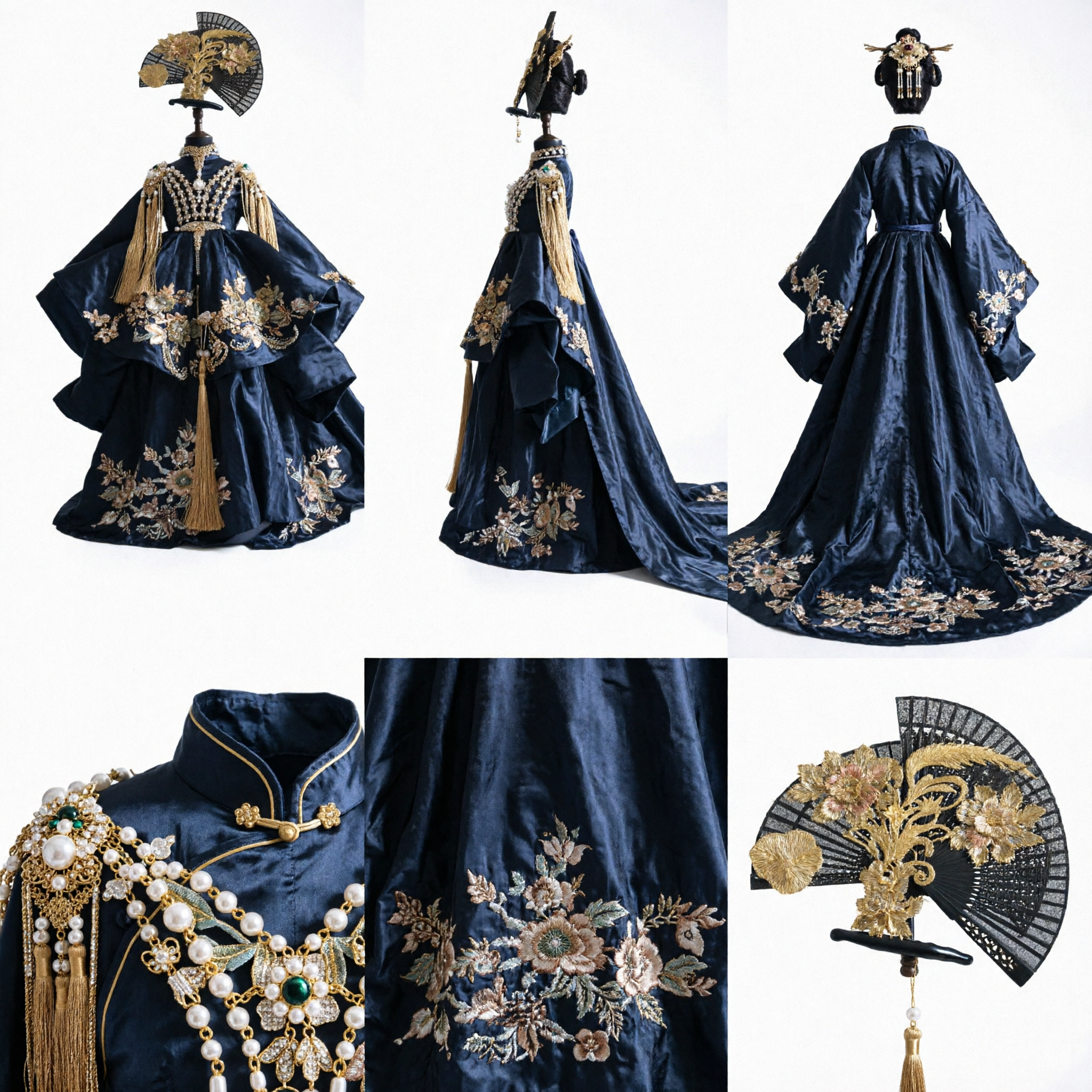 Grand Black Chinese Traditional Wedding Dress Ballgown with Gold Embroidery and Fan for Formal Occasions