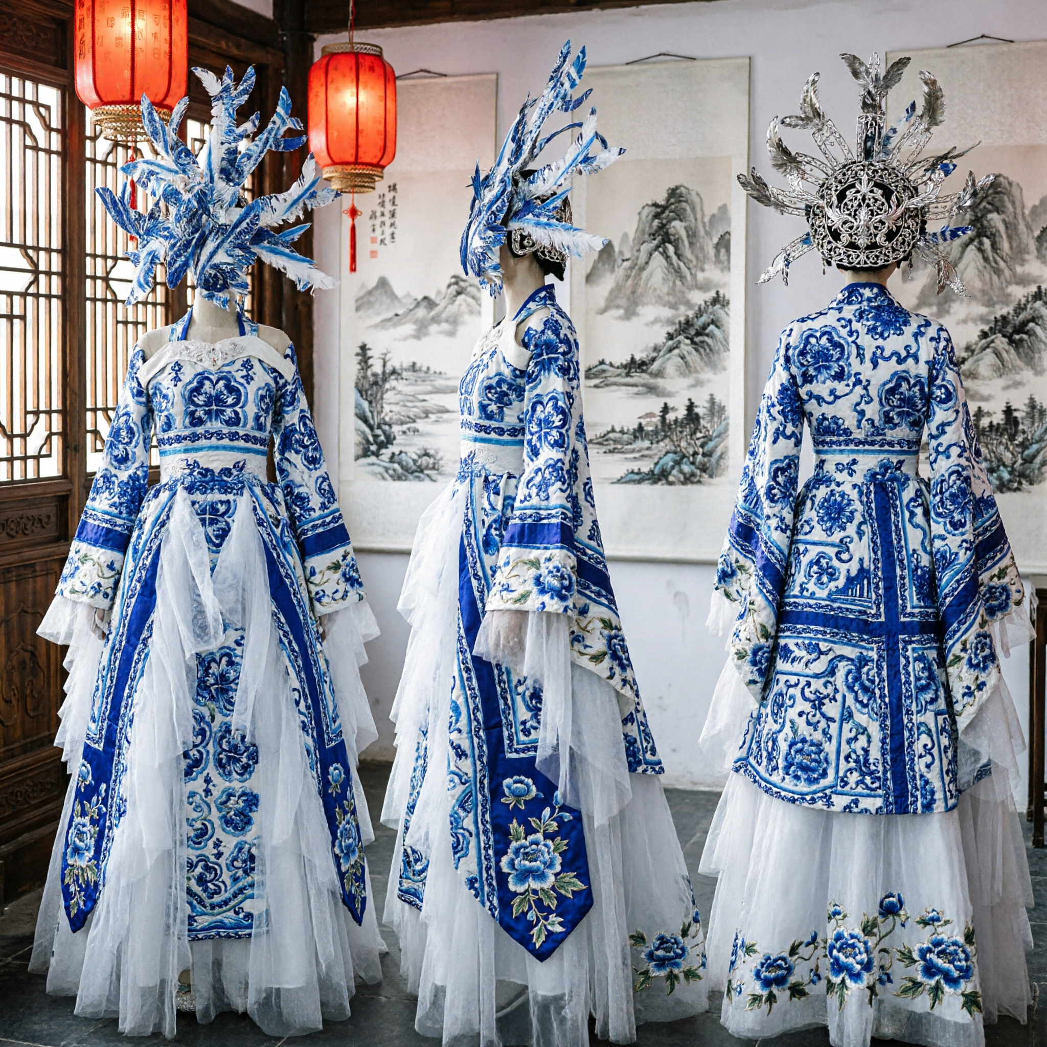 Elegant Blue and White Porcelain Chinese Traditional Stage Performance Costume Cosplay Dress with Elaborate Headpiece