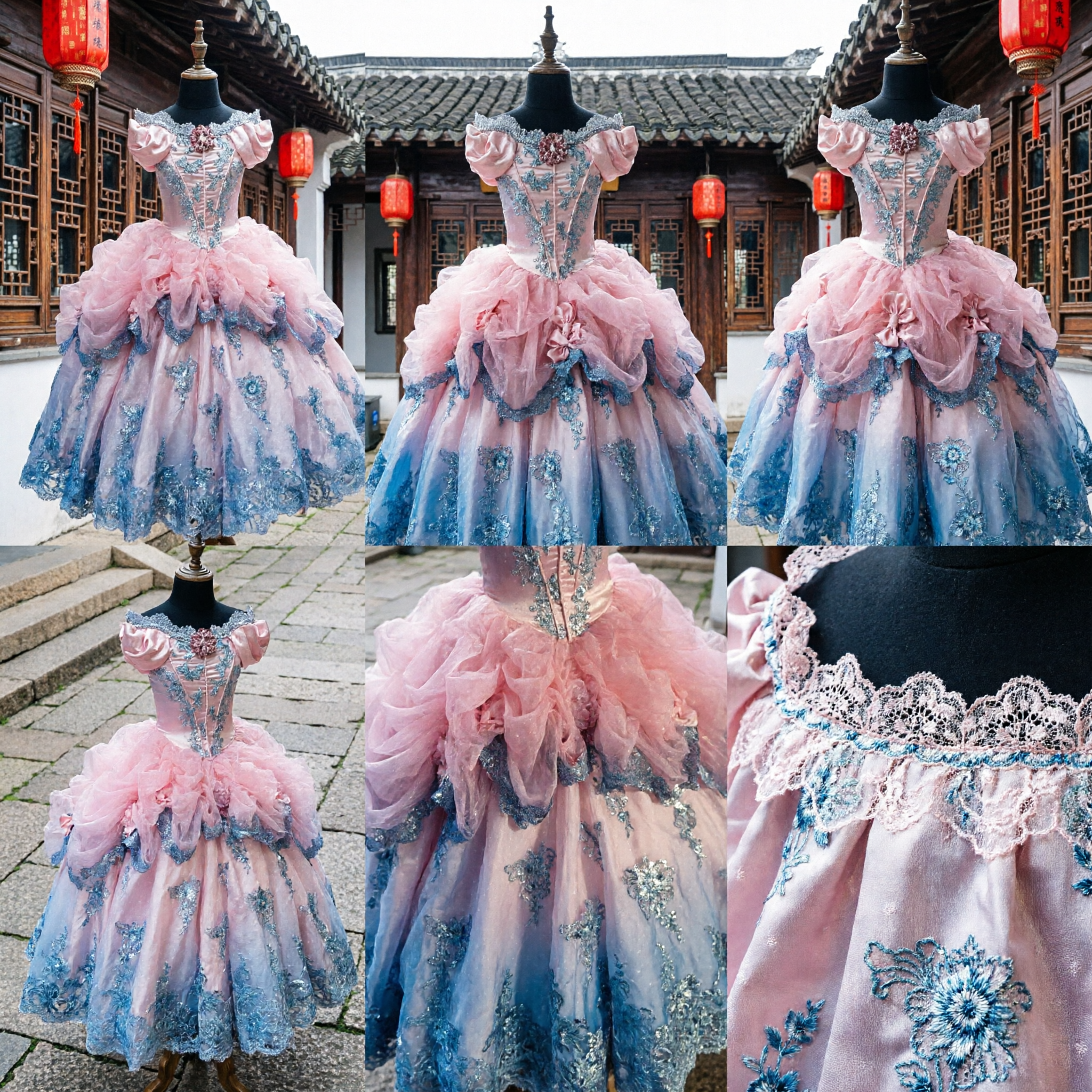 Women's Pink and Blue Rococo Ballgown Marie Antoinette Costume Dress for Prom Cosplay and Masquerade