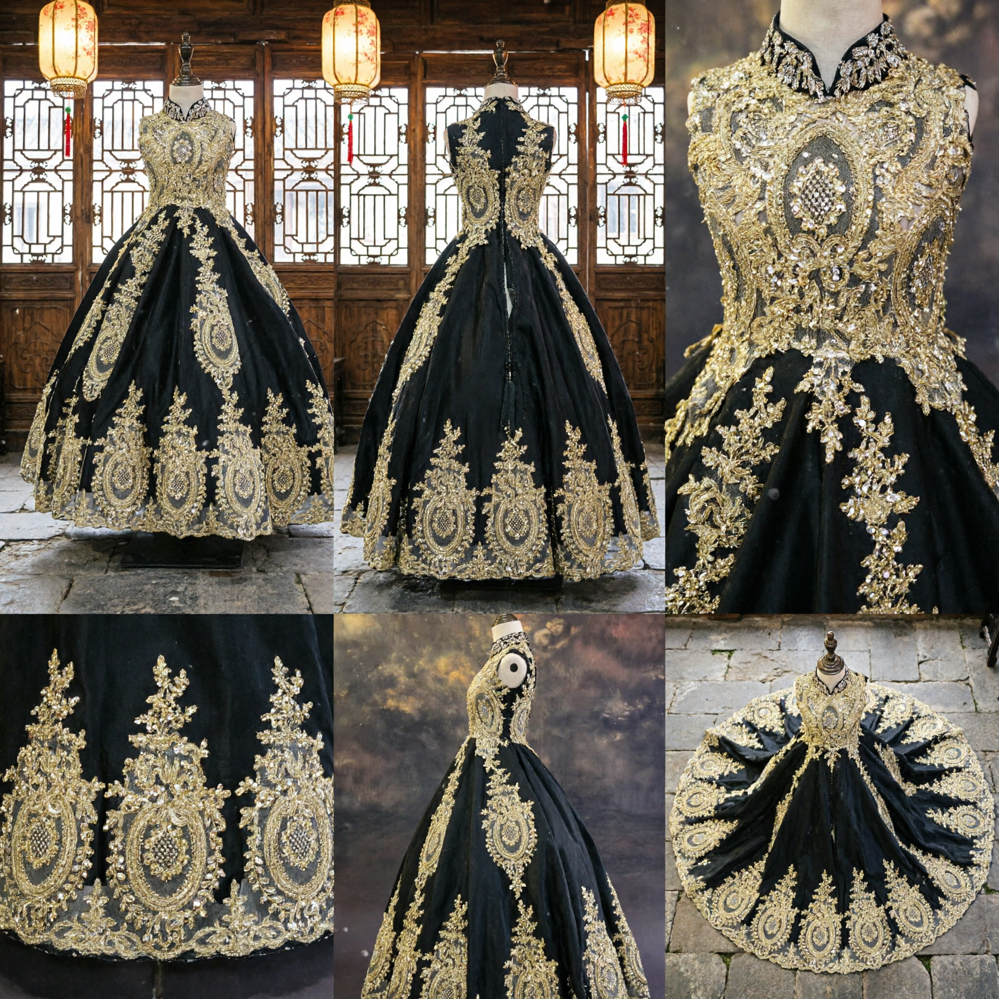 Elegant Black and Gold Embroidered Ball Gown Formal Evening Dress for Women Stage Performance Costume