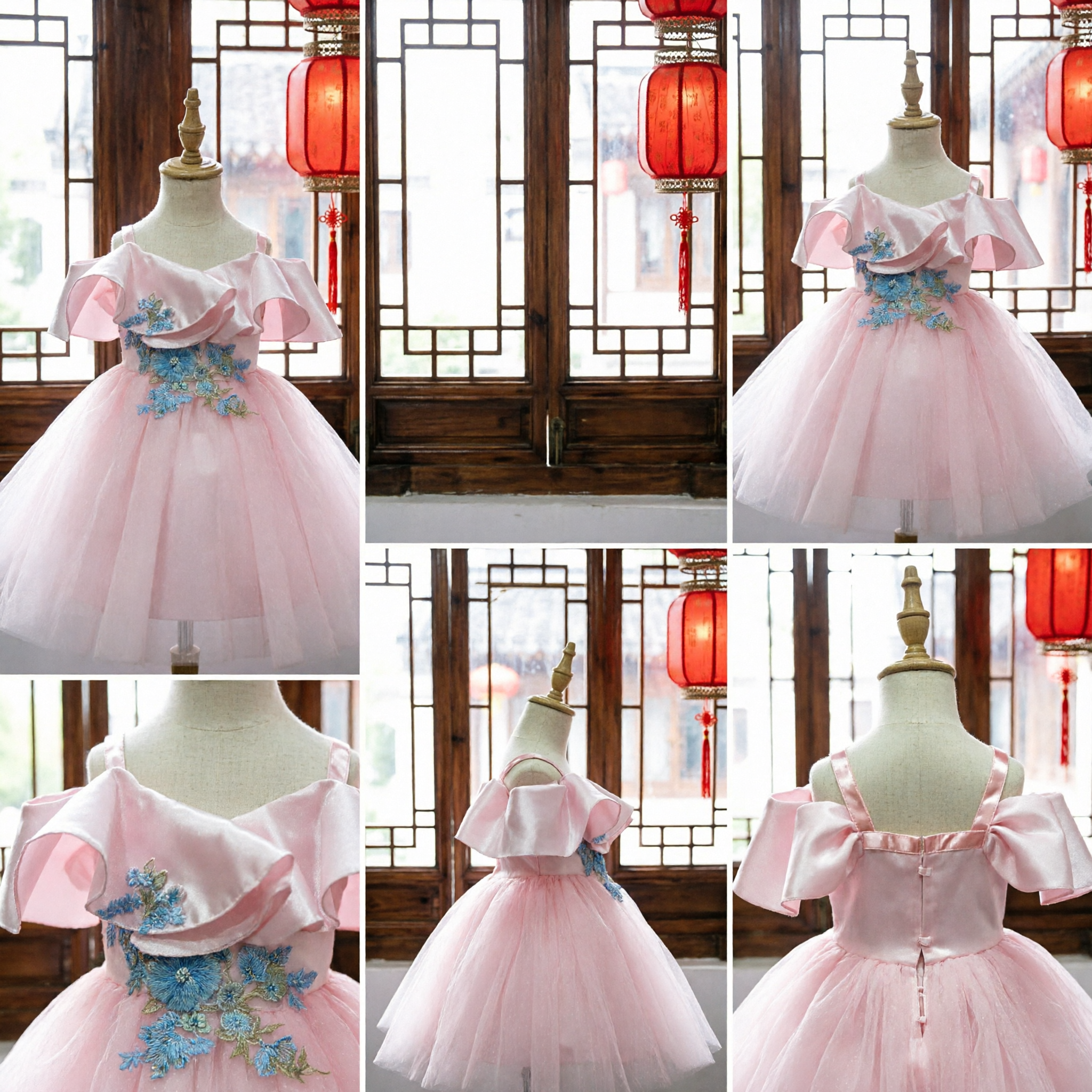 Elegant Girls Pink Off-Shoulder Tulle Dress with Floral Embroidery for Wedding Party and Princess Costume