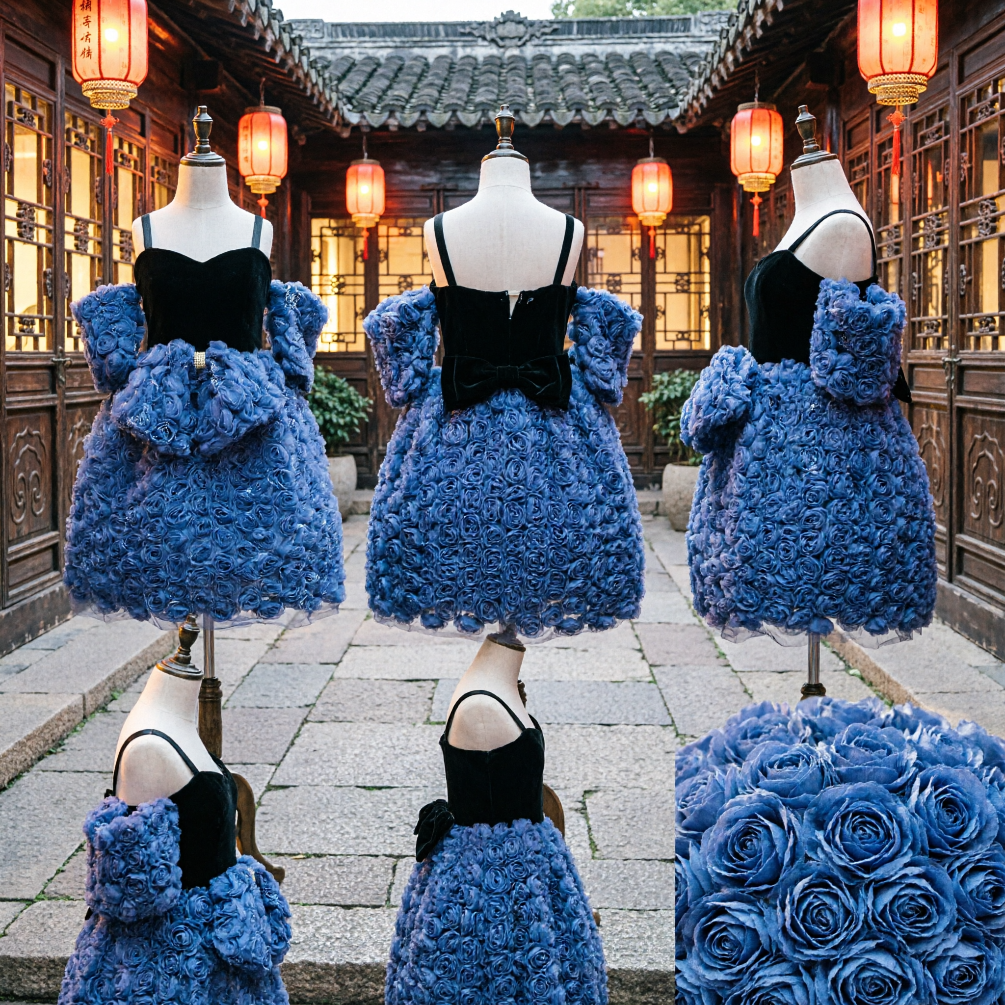 Blue Fabric Rosette Dress with Black Bodice and Puffy Sleeves Floral Cocktail Party Gown for Women