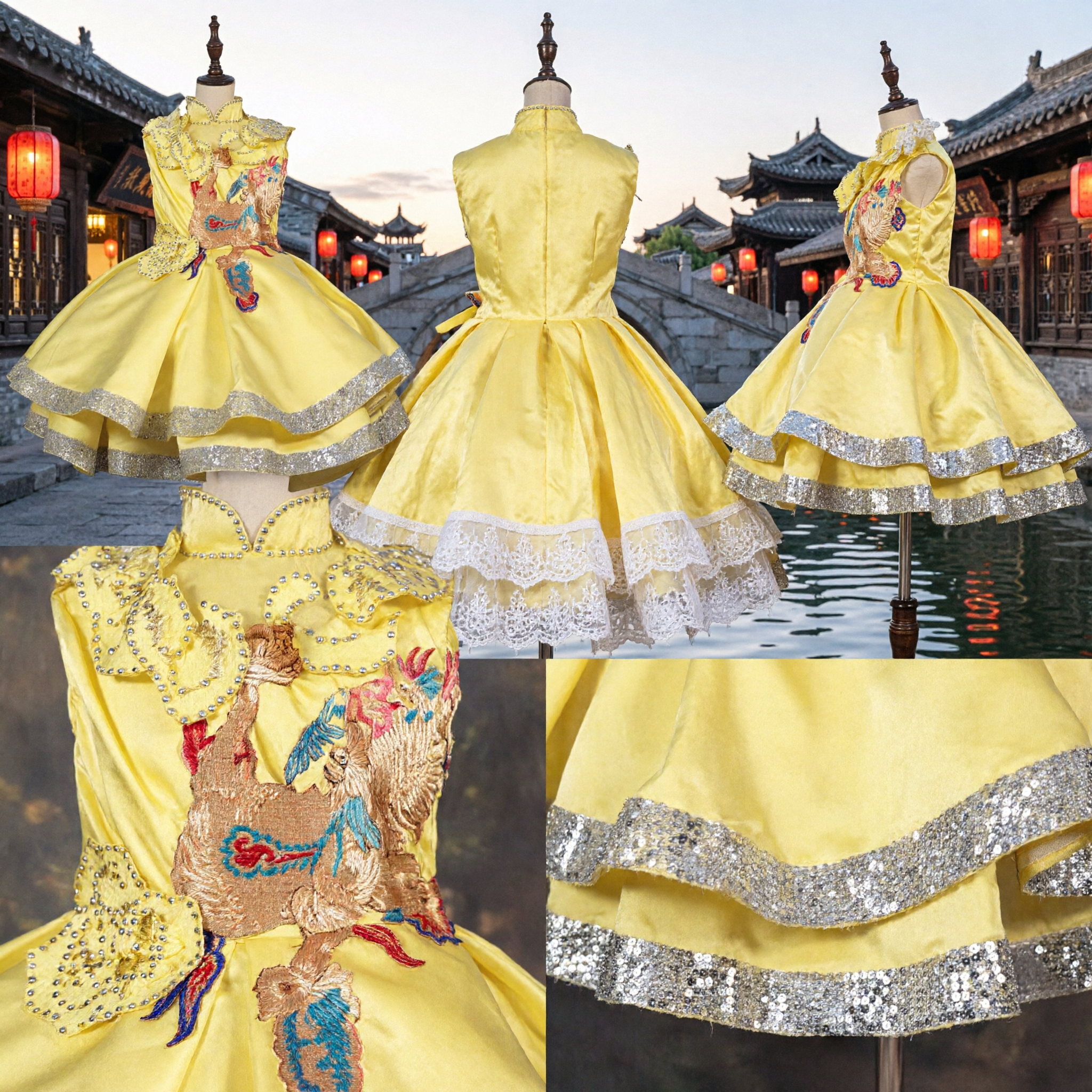 Traditional Chinese Yellow Phoenix Embroidery Dress for Girls Kids Stage Performance Costume Party Wear
