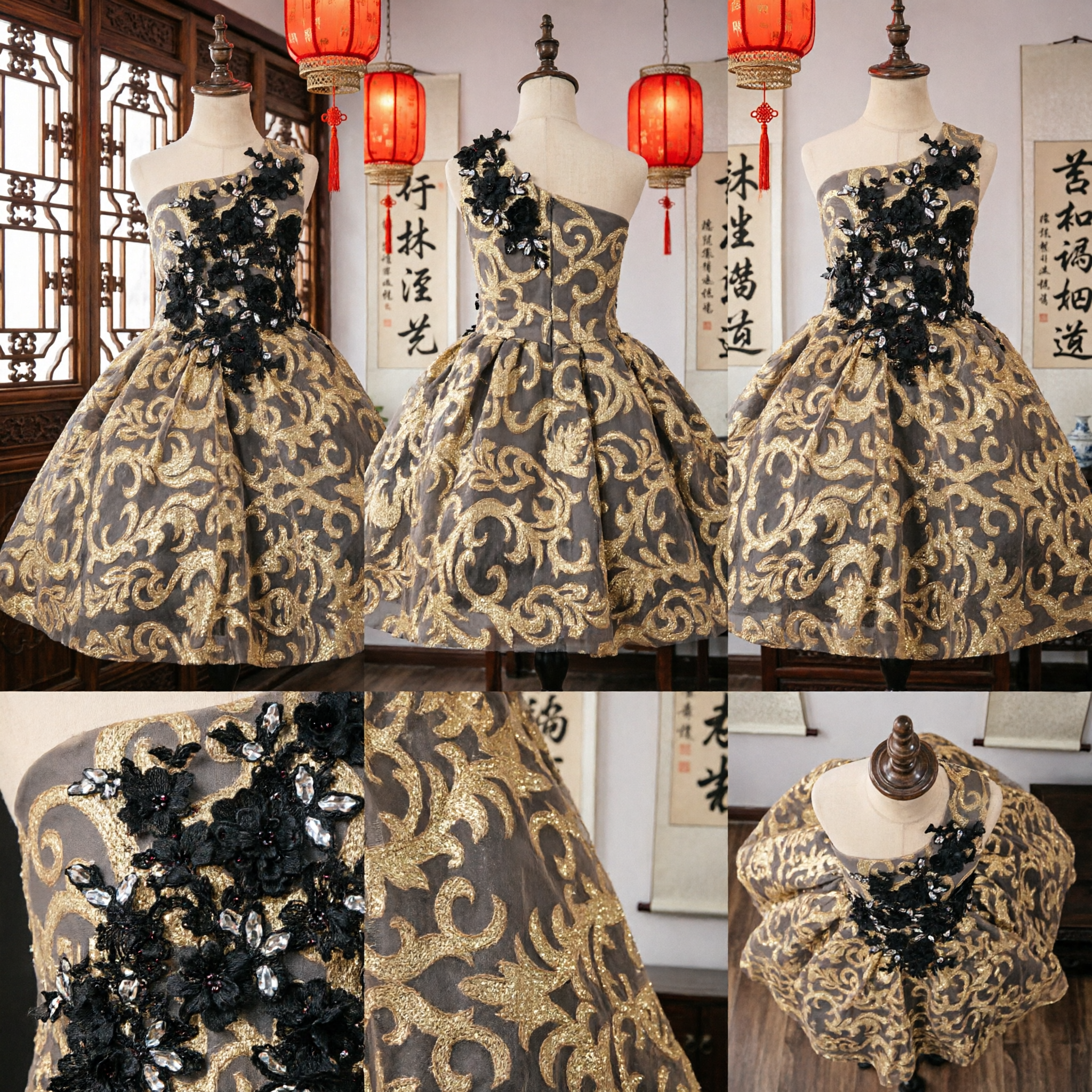 Elegant One-Shoulder Gold Brocade Cocktail Dress with Black Floral Appliqué for Prom and Formal Events