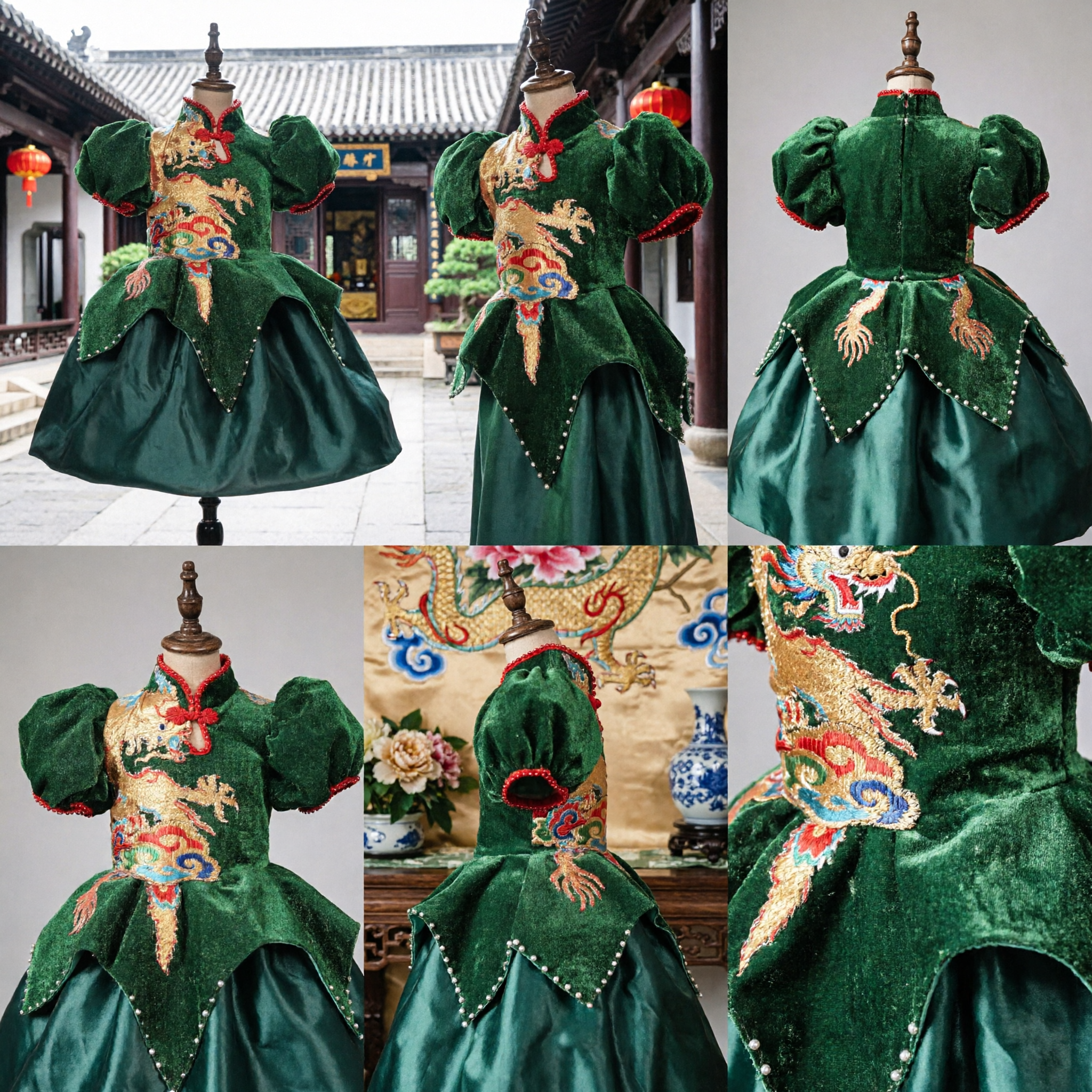 Elegant Green Velvet Chinese Dragon Embroidery Dress Traditional Qipao Style Costume for Stage Performance Events