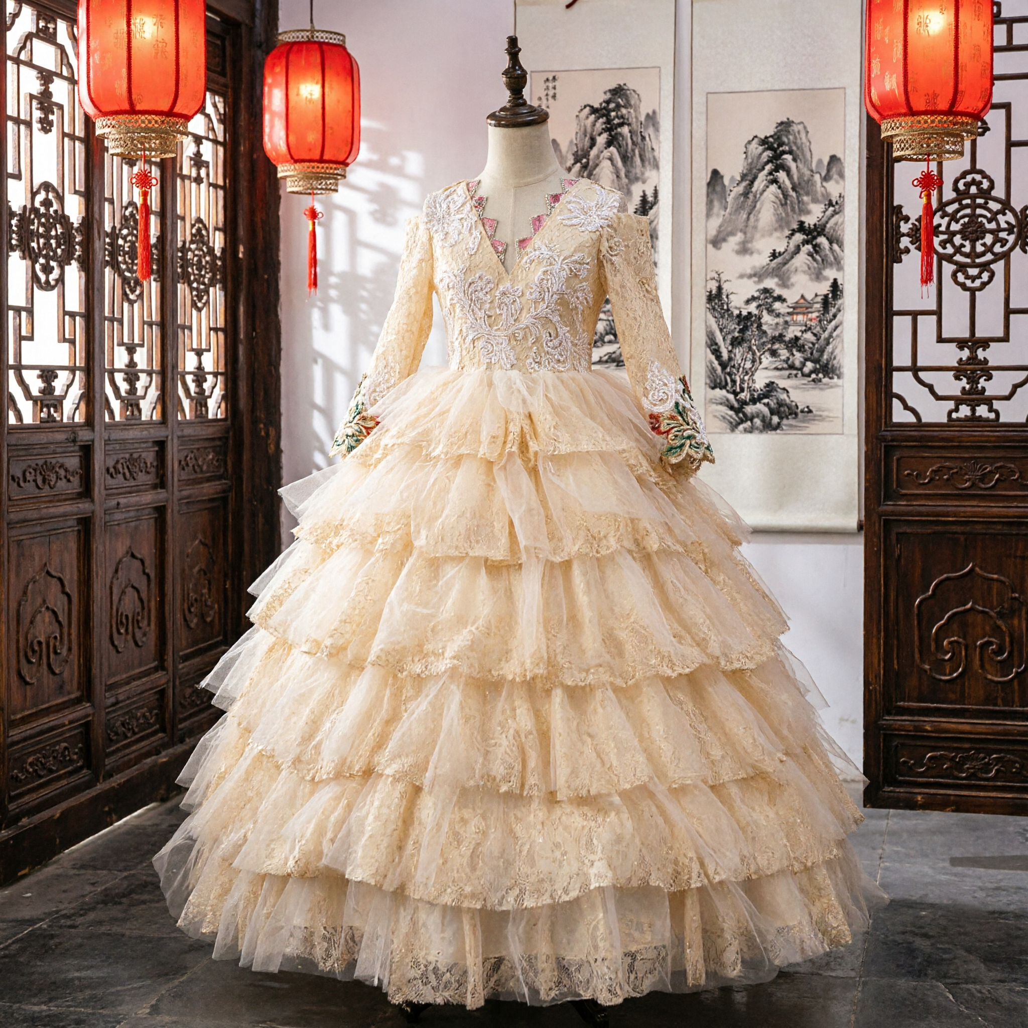 Elegant Champagne Victorian Ball Gown Long Sleeve Lace Tiered Ruffle Skirt Princess Dress for Women