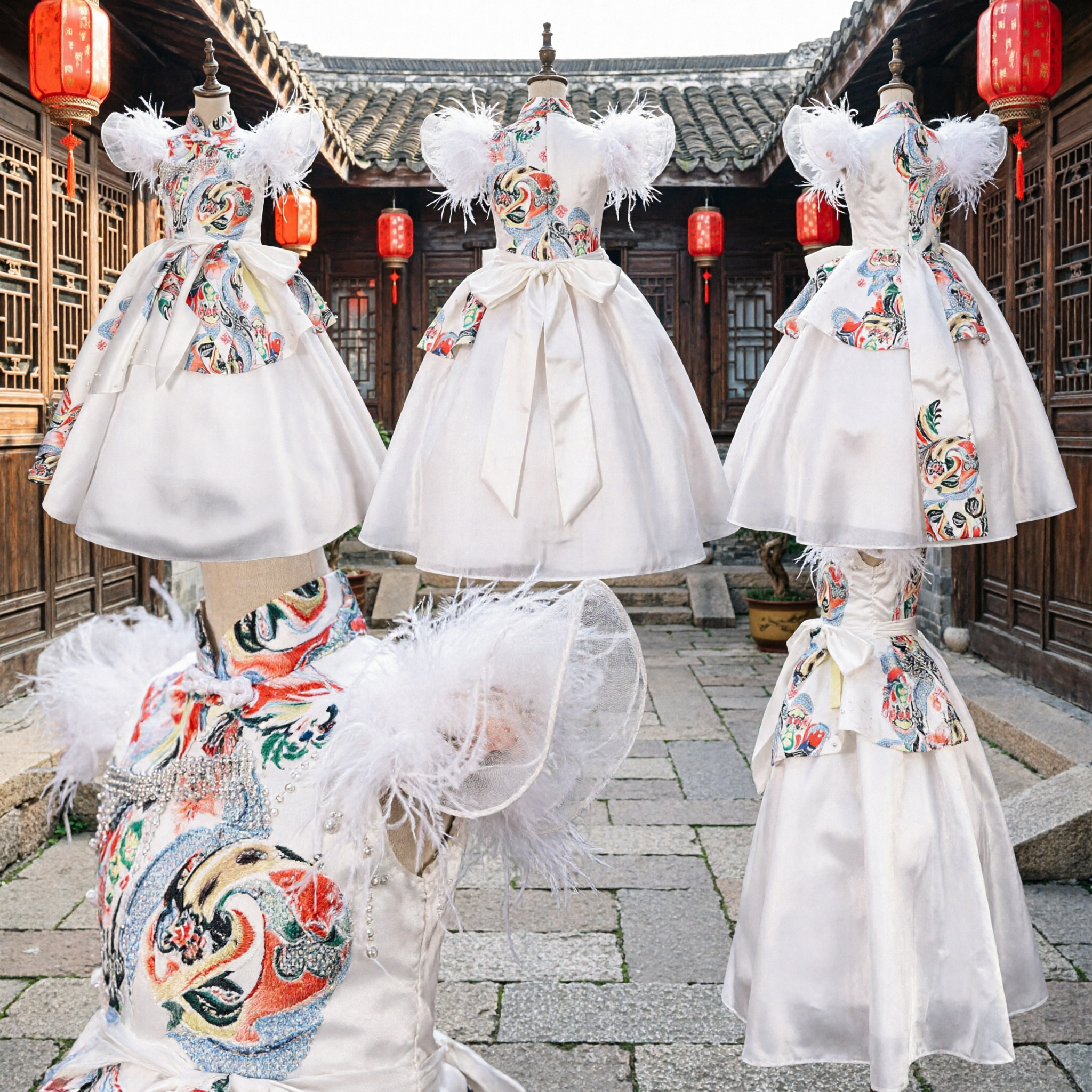 Kids Girls Chinese Traditional Hanfu Princess Dress White Flower Girl Wedding Gown with Feathers