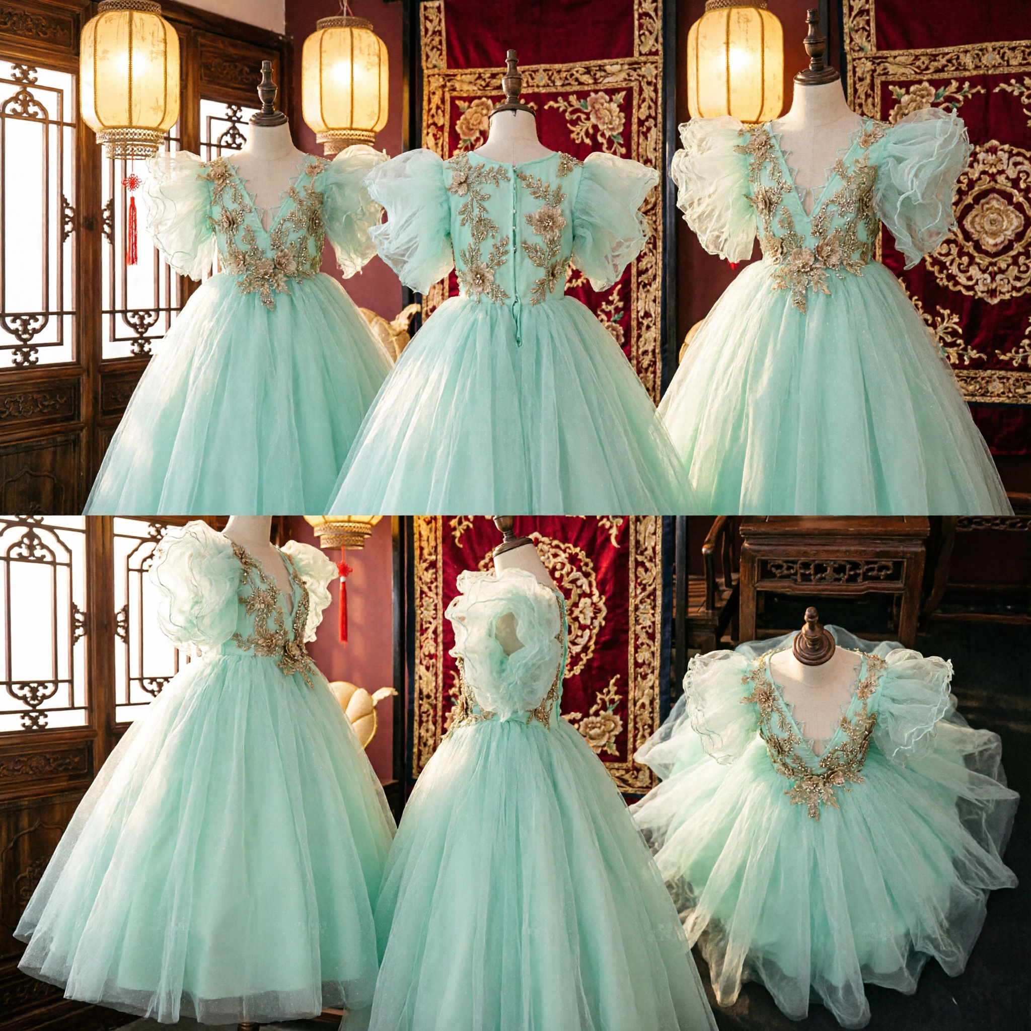 Elegant Mint Green Tulle Ball Gown with Gold Applique Puff Sleeves for Quinceañera Prom Pageant