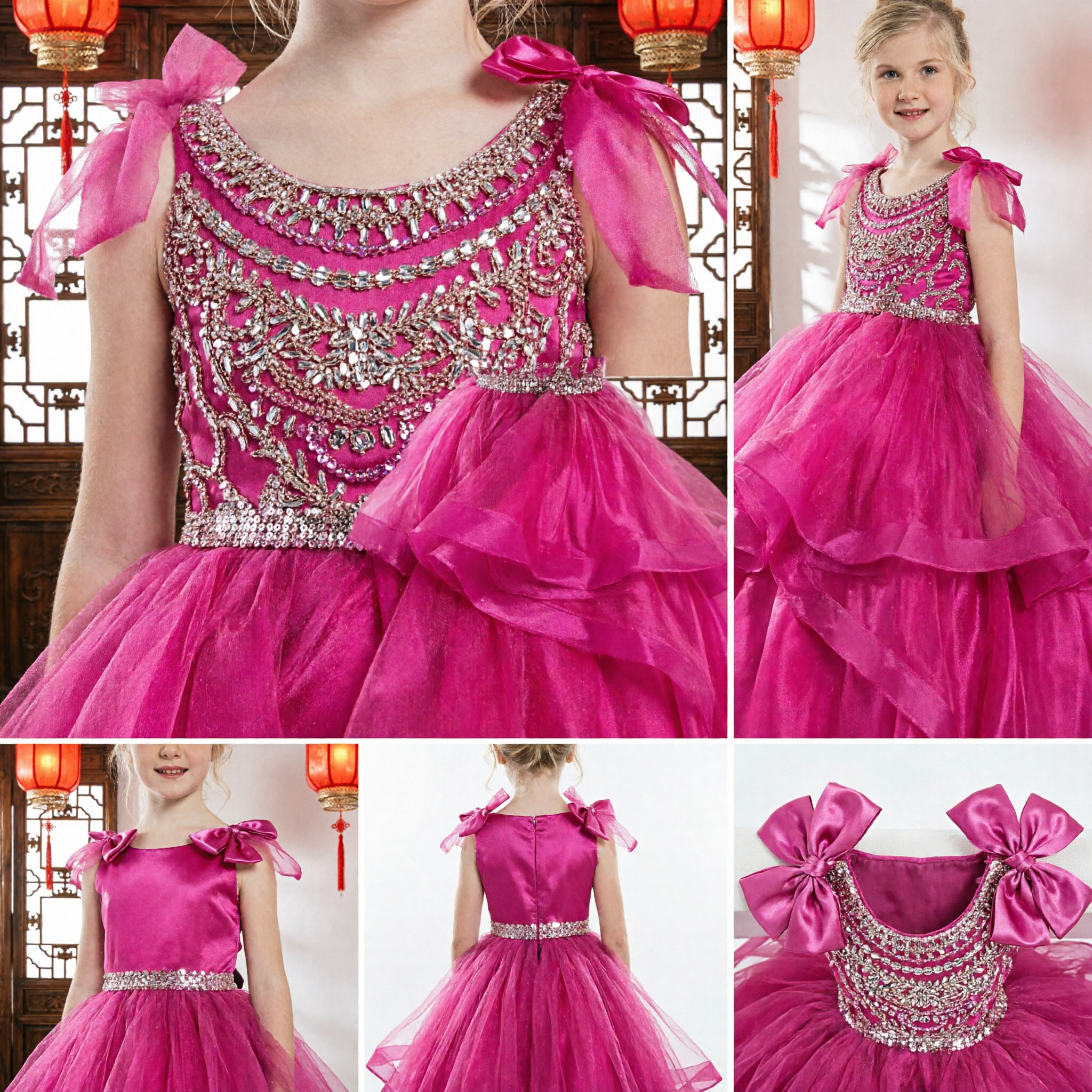 Girls Hot Pink Sequin Ball Gown Pageant Dress with Beaded Bodice and Tulle Skirt for Weddings