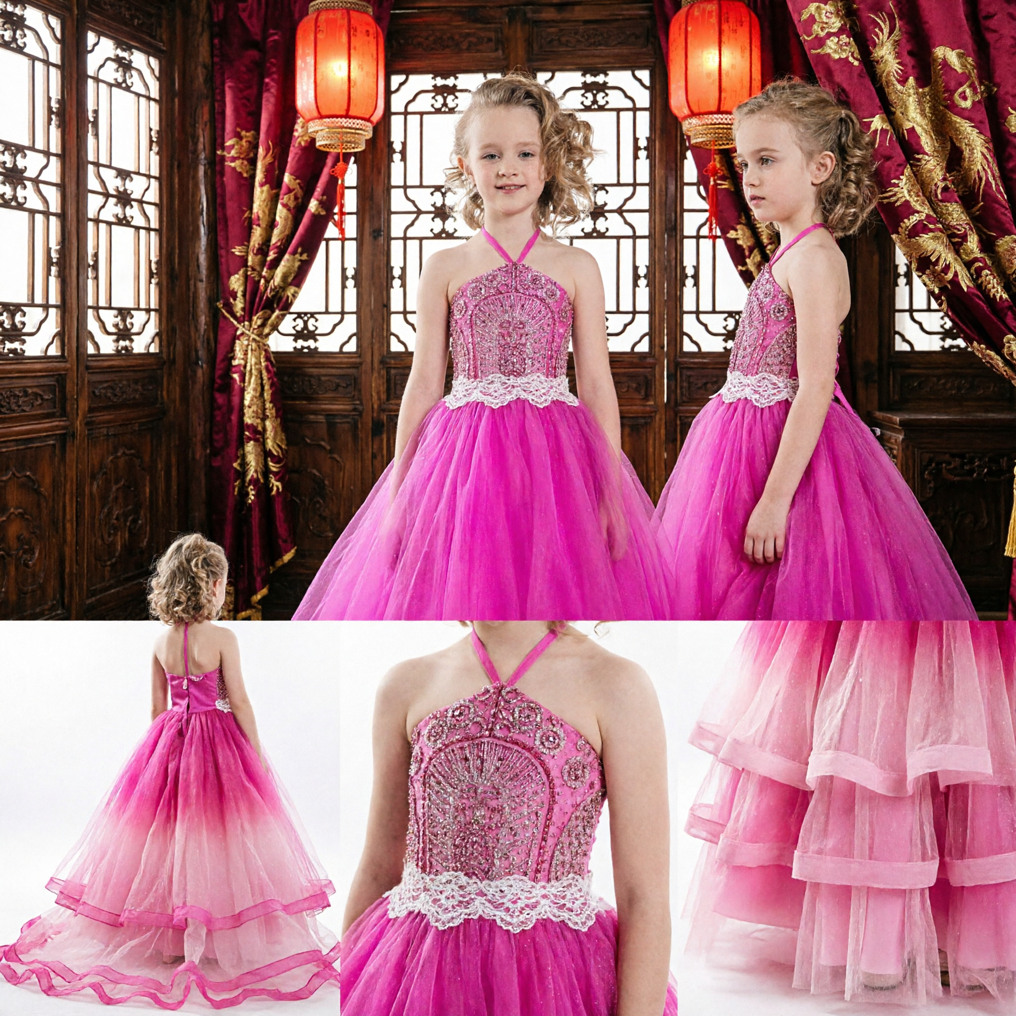Girls Hot Pink Pageant Ball Gown Halter Beaded Bodice Tulle Skirt Flower Girl Dress