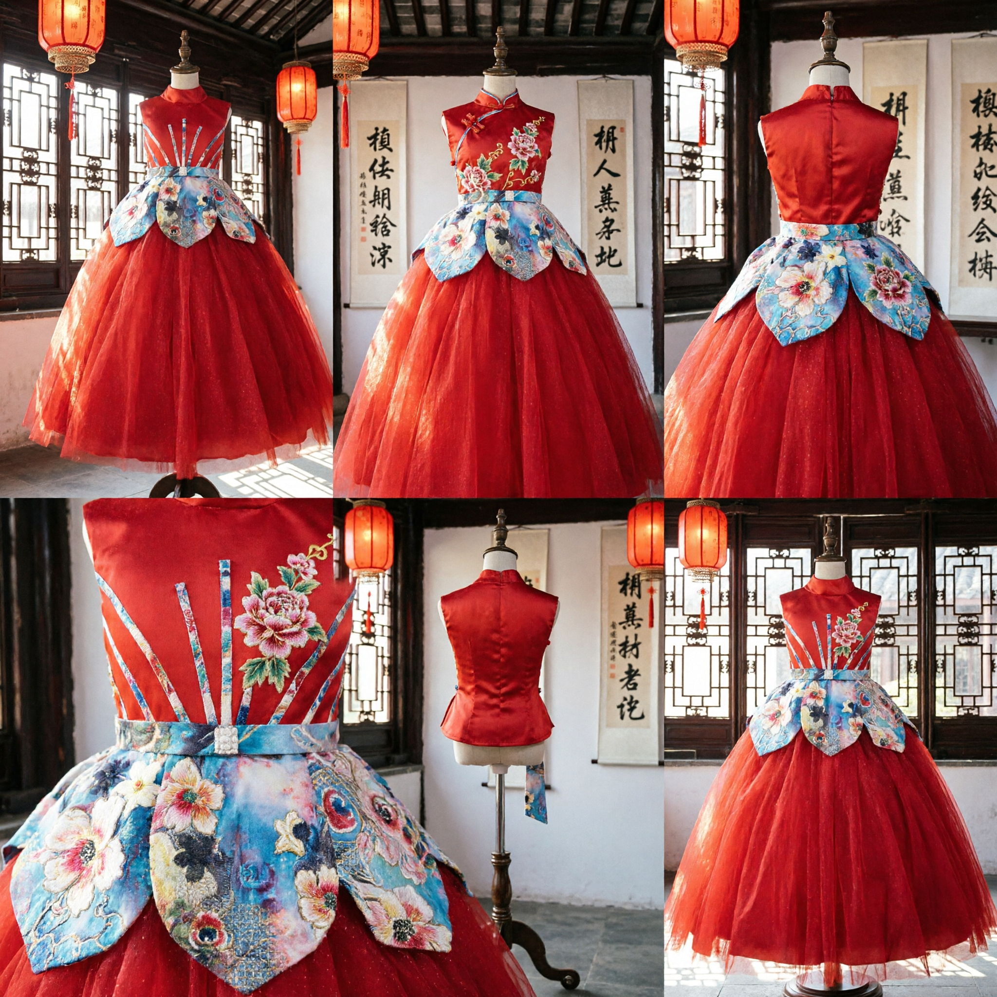 Traditional Chinese Red Cheongsam Dress for Girls Kids Wedding Flower Girl Tulle Ballgown Stage Performance Costume
