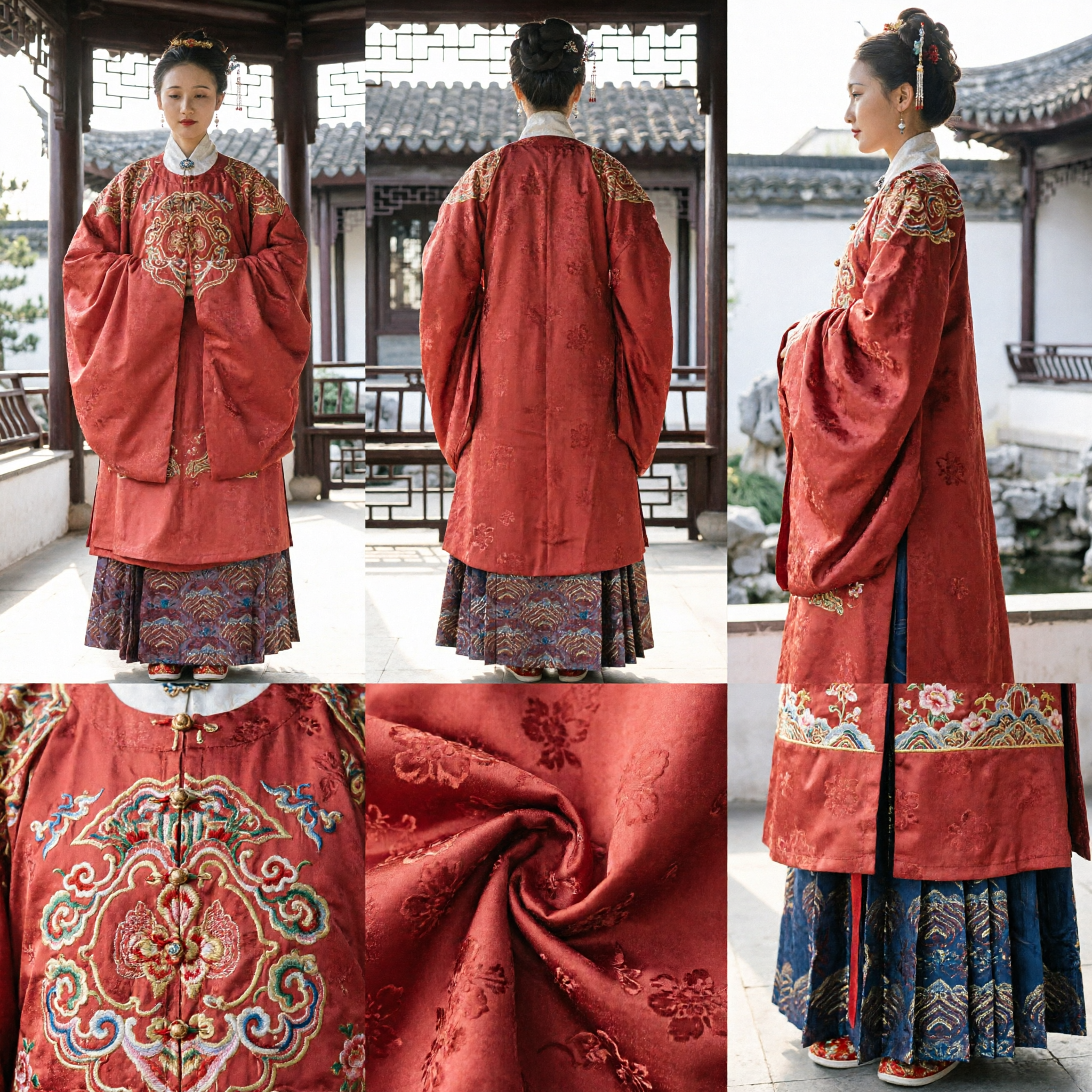 Traditional Chinese Hanfu Ming Dynasty Red Embroidered Robe and Skirt Set for Women Wedding Ceremony