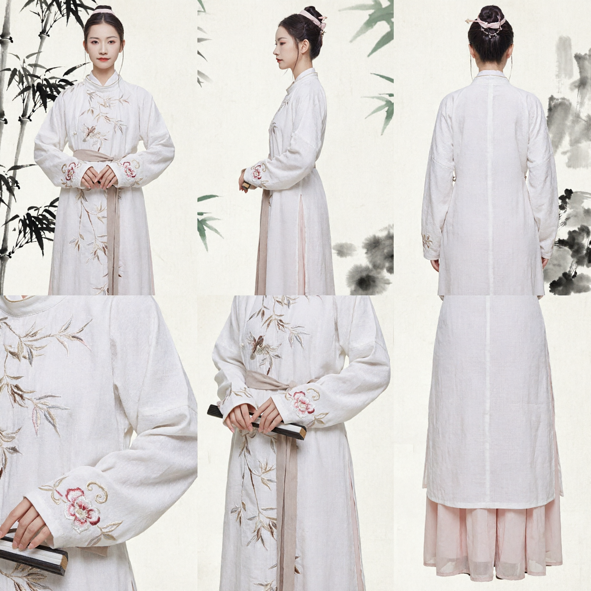 Elegant Traditional Chinese Hanfu Costume Ancient Embroidered Bamboo White Robe and Pink Skirt for Women