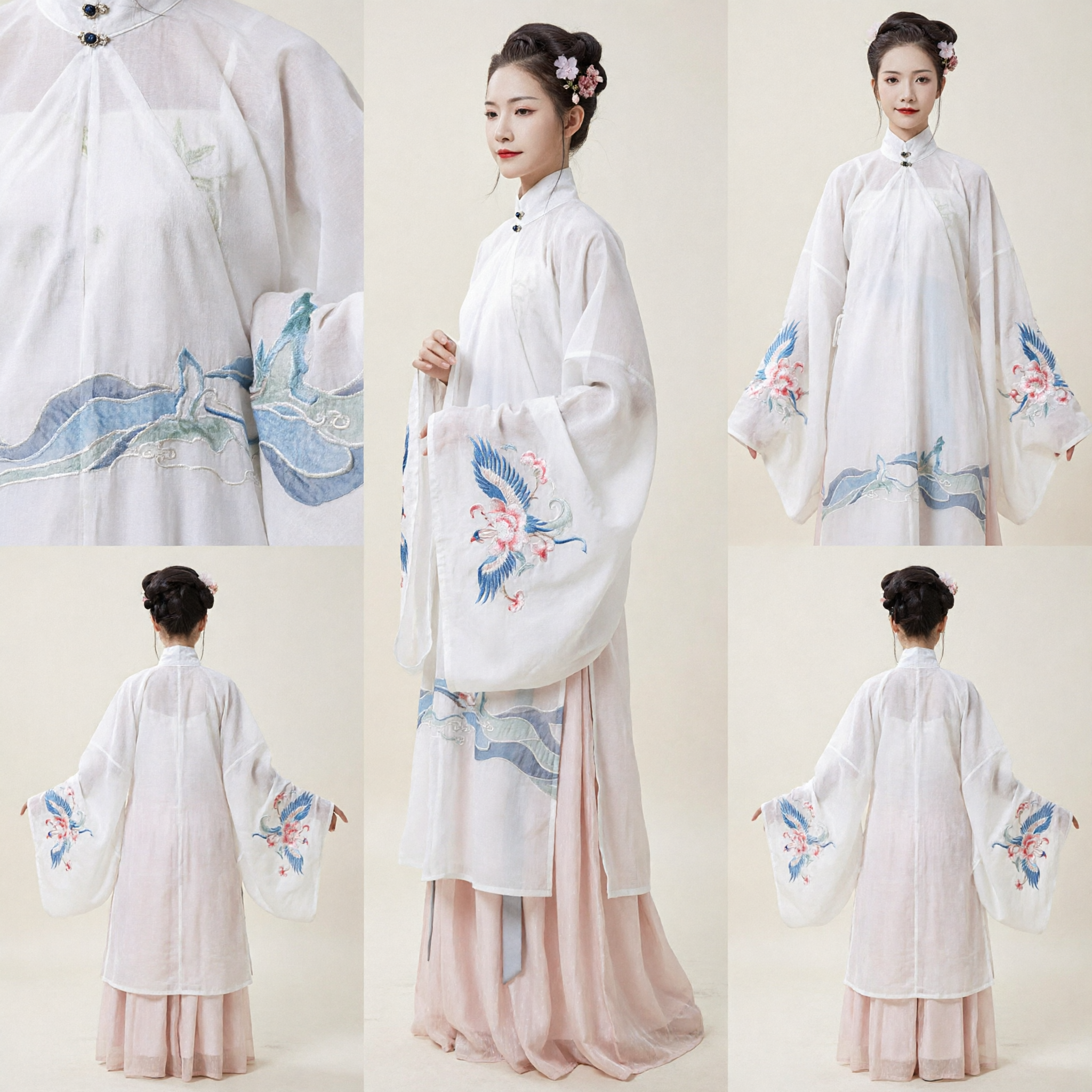 Elegant White Ming Dynasty Hanfu Traditional Chinese Clothing Women's Costume with Blue Embroidery and Pink Skirt for Performance