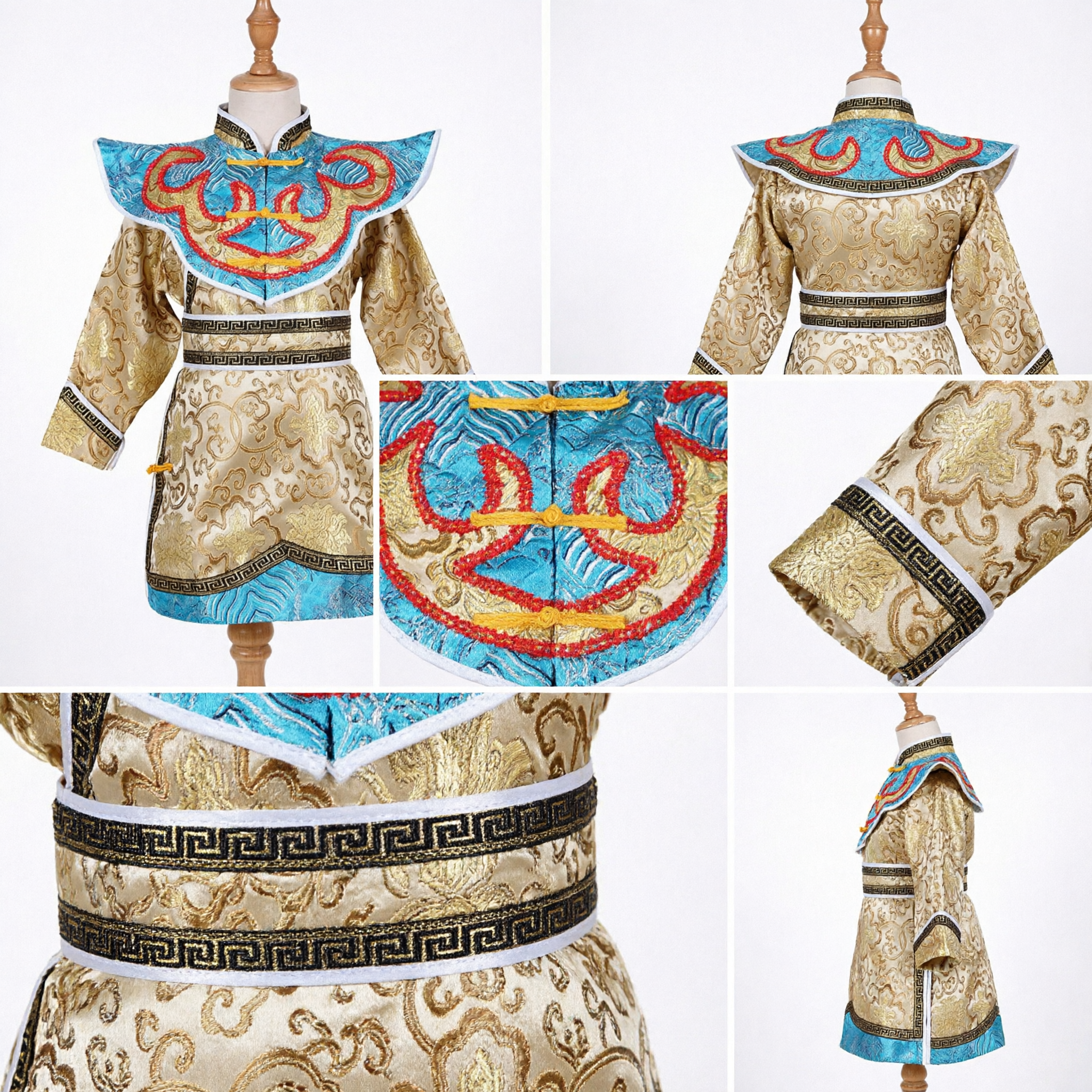 Traditional Chinese Mongolian Style Ethnic Costume Gold Brocade Robe with Blue Cloud Collar for Kids Performance