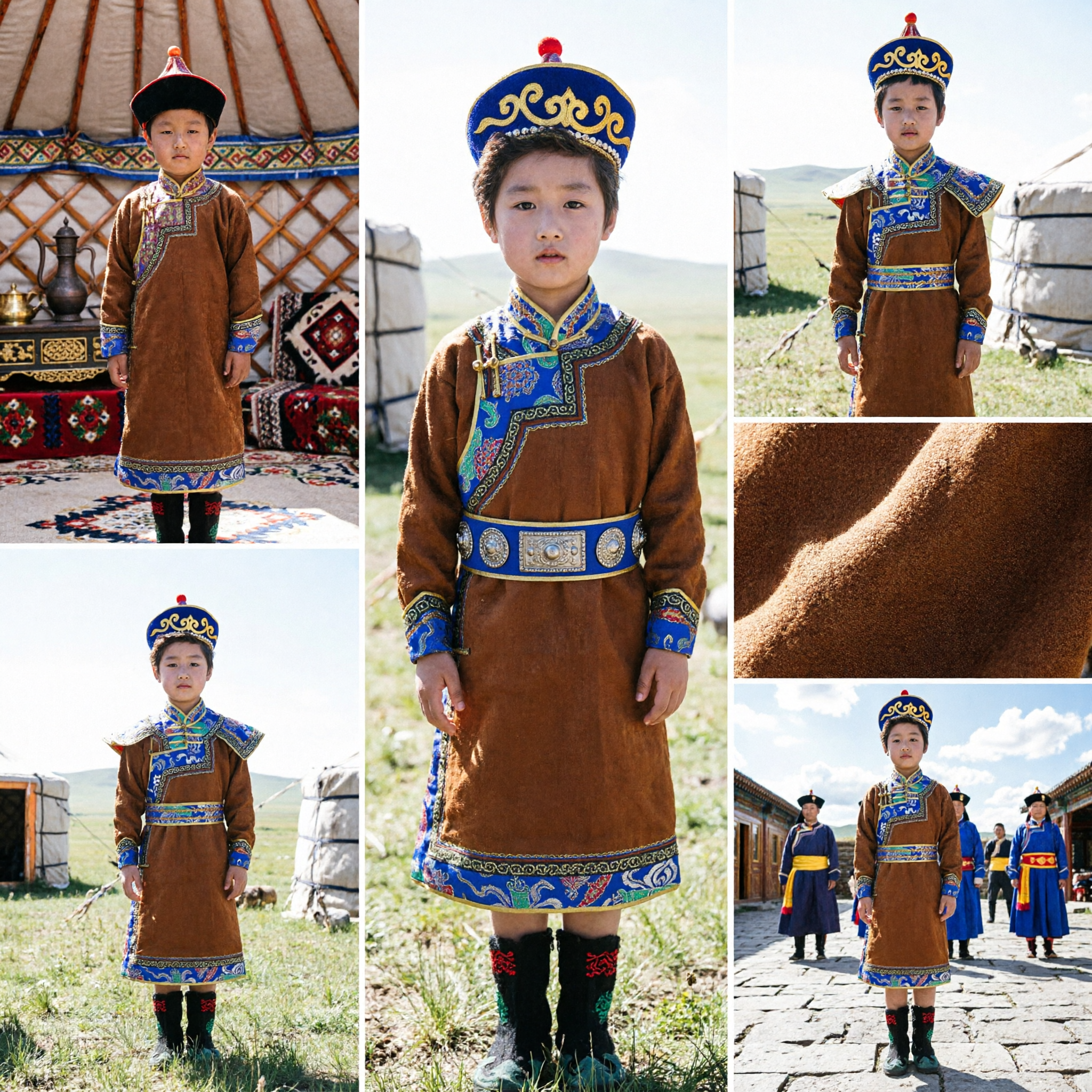 Traditional Mongolian Ethnic Costume for Boys Kids Folk Dance Performance Outfit Brown Robe and Hat Set